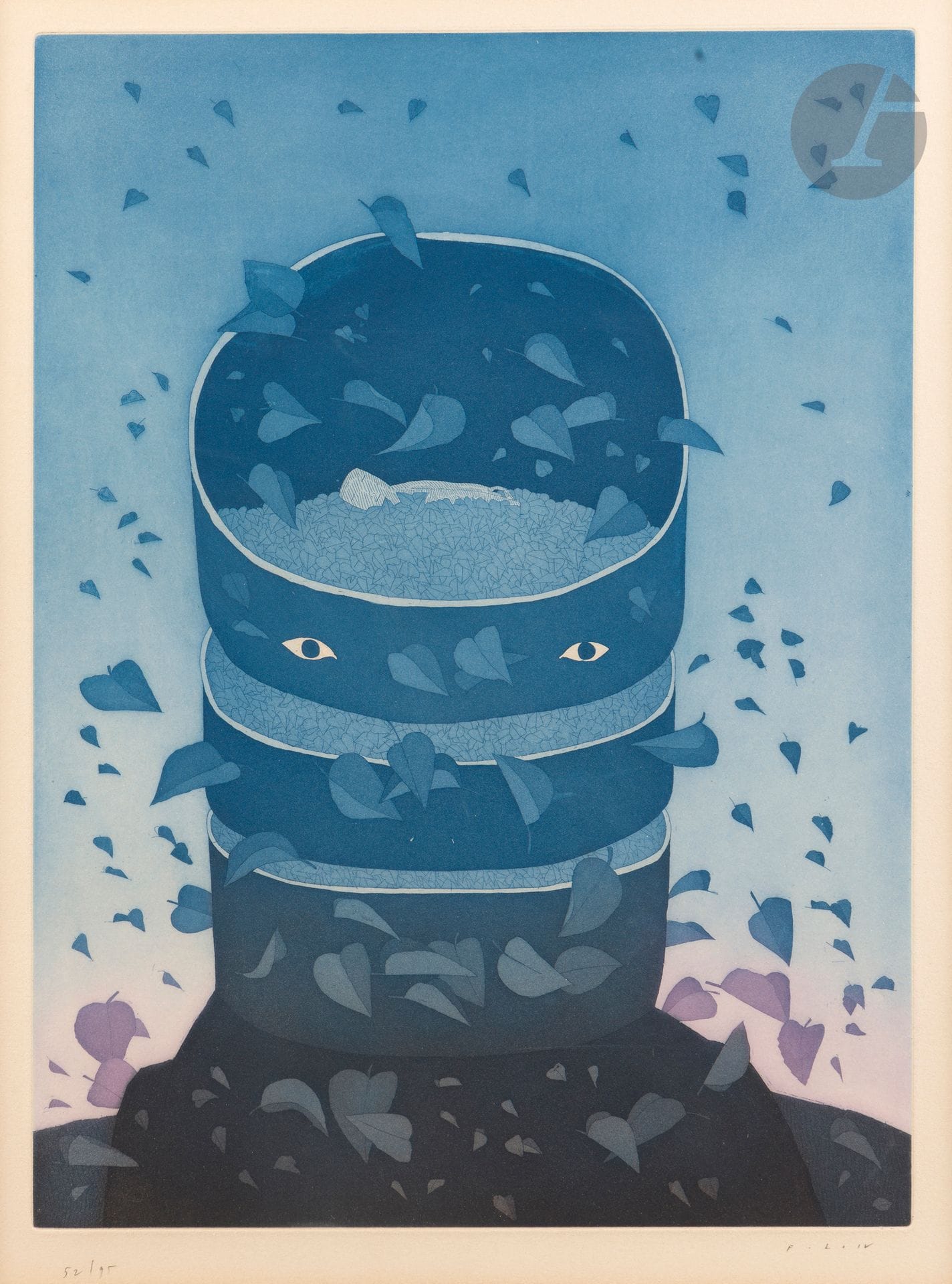 Jean-Michel Folon (belge, 1934-2005) 
Les Ruines circulaires I. 1974. Eau-forte et aquatinte. À vue : 365 x 470. Impression en couleurs. Belle épreuve sur vélin, numérotée et signée au crayon, insolée. Marges. Tirage à 95 épreuves. A. Sauret éd., Monte-Carlo. Cadre (non examinée hors du cadre).

Provenance : Collection Colette Creuzevault.