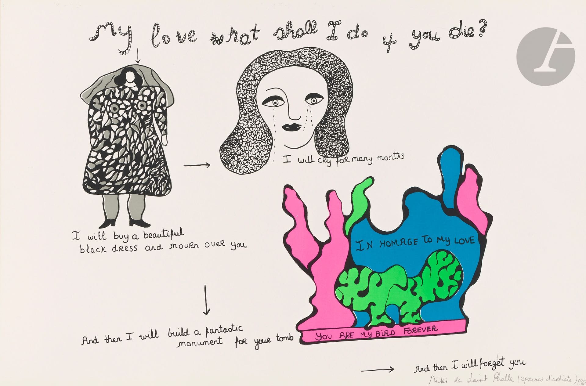 Niki de Saint-Phalle (1930-2002) 
My love what shall I do if you die ? 1968. Sérigraphie en couleurs. [605 x 405]. Très belle et fraîche épreuve sur vélin glacé, signée et annotée « (épreuves d’artiste) 1968 » au crayon. Toutes marges. Tirage définitif à 75 épreuves.

Provenance : Collection Colette Creuzevault.