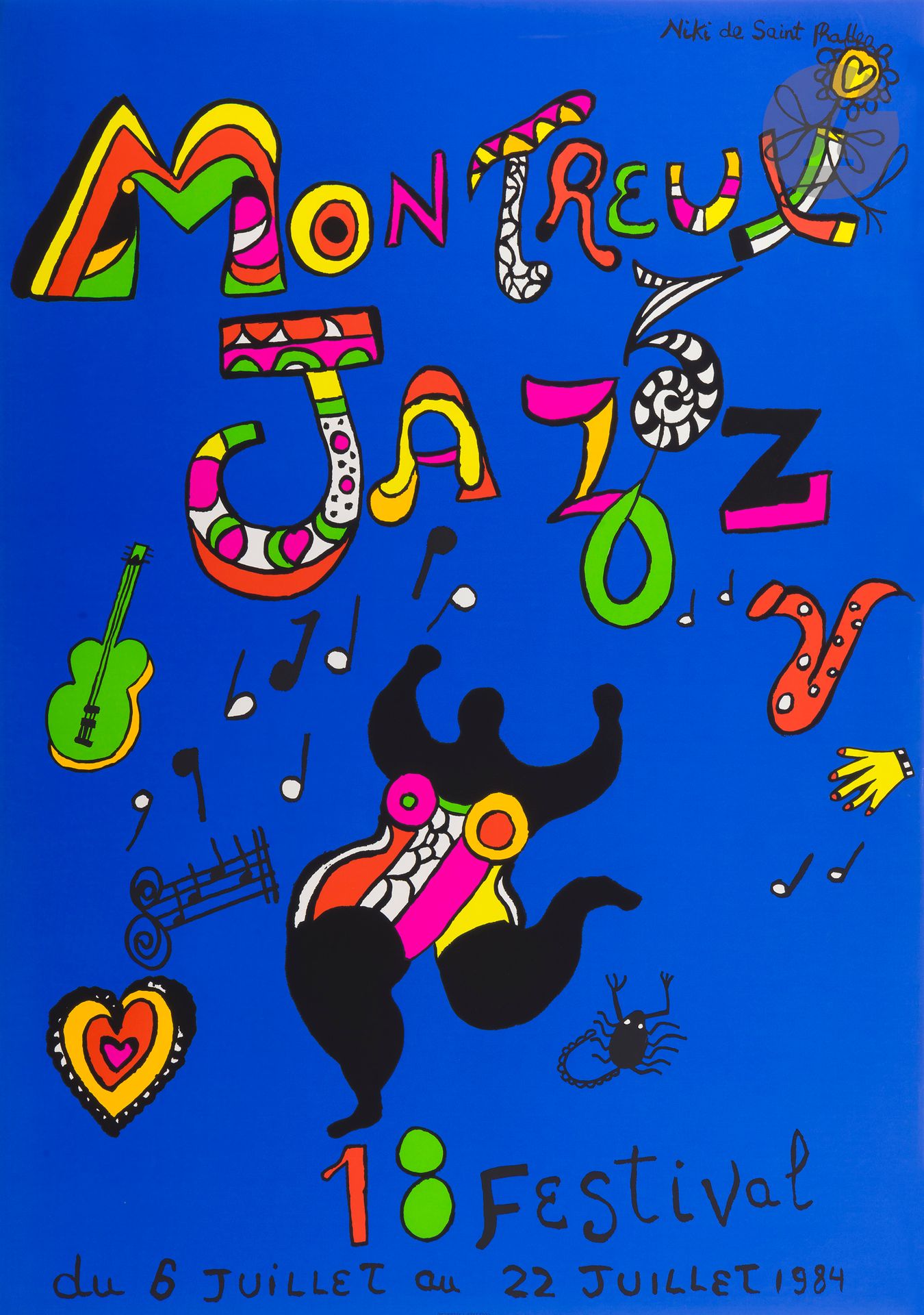 Niki de Saint-Phalle (1930-2002) 
Montreux Jazz 18th Festival. Affiche. 1984. Sérigraphie en couleurs. [700 x 1000]. Très belle épreuve sur vélin glacé. Petits accrocs et courts plis cassés au bord droit. Légère trace de frottement en surface en tête, visible à jour rasant. Toutes marges.

Provenance : Collection Colette Creuzevault.
