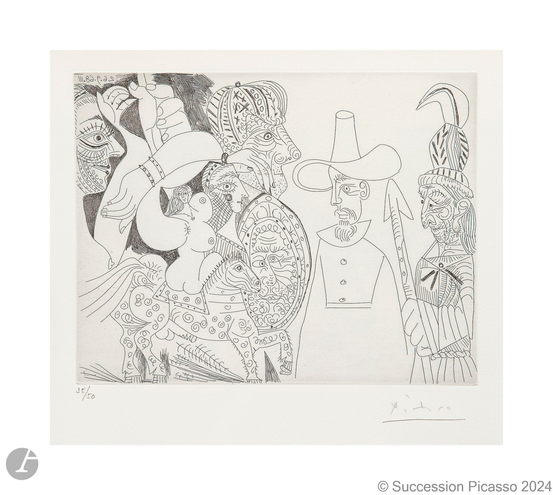 Pablo Picasso (1881-1973) 
Télévision : Quaker, Peau-rouge, écuyère. (Les 347, pl. 338). 26 septembre 1968. Eau-forte. 266 x 206 [403 x 330]. Bloch 1818 ; Baer 1835 B b. Parfaite épreuve sur vélin blanc, numérotée et signée au crayon. Toutes marges. Tirage à 50 épreuves. Galerie Louise Leiris éd., Paris. 

Provenance : 
H. M. Petiet (1894-1980), Paris.