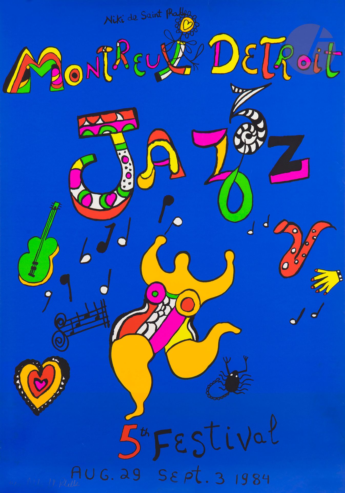Niki de Saint-Phalle (1930-2002) 
Montreux Detroit Jazz 5th Festival (Nana jaune). Affiche. 1984. Sérigraphie en couleurs. [697 x 995]. Très belle épreuve sur vélin blanc fort, numérotée et signée au crayon. Infimes traces de plis en tête et en pied (l’épreuve étant conservée roulée). Tirage à 50 épreuves.

Provenance : Collection Colette Creuzevault.