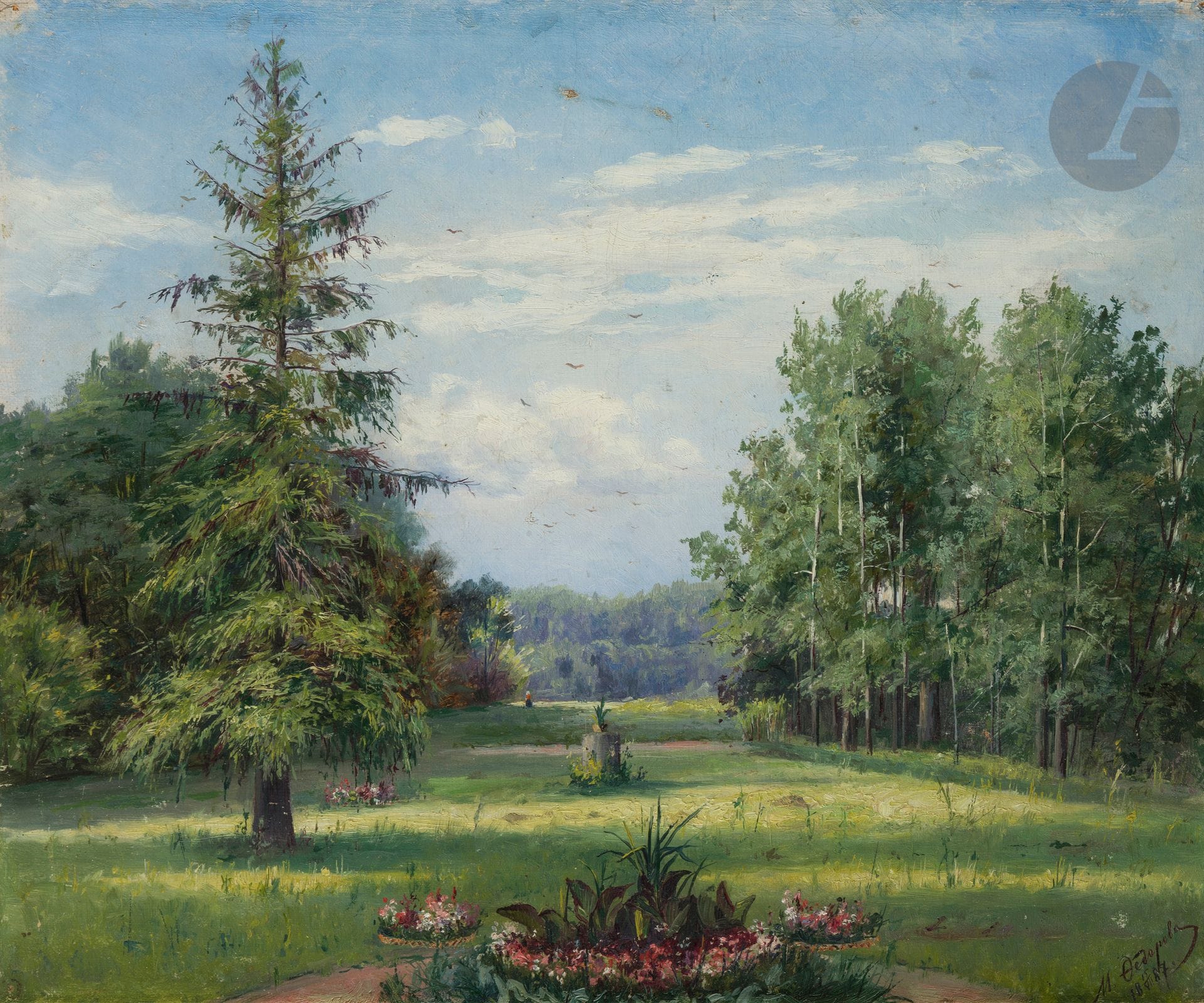 Maria Alexeevna FEDOROVA (1859-1934)
Jardin, 1887
Huile sur toile marouflée sur carton.
Signée et datée en bas à droite.
32,6 x 39,5 cm

[ART RUSSE]