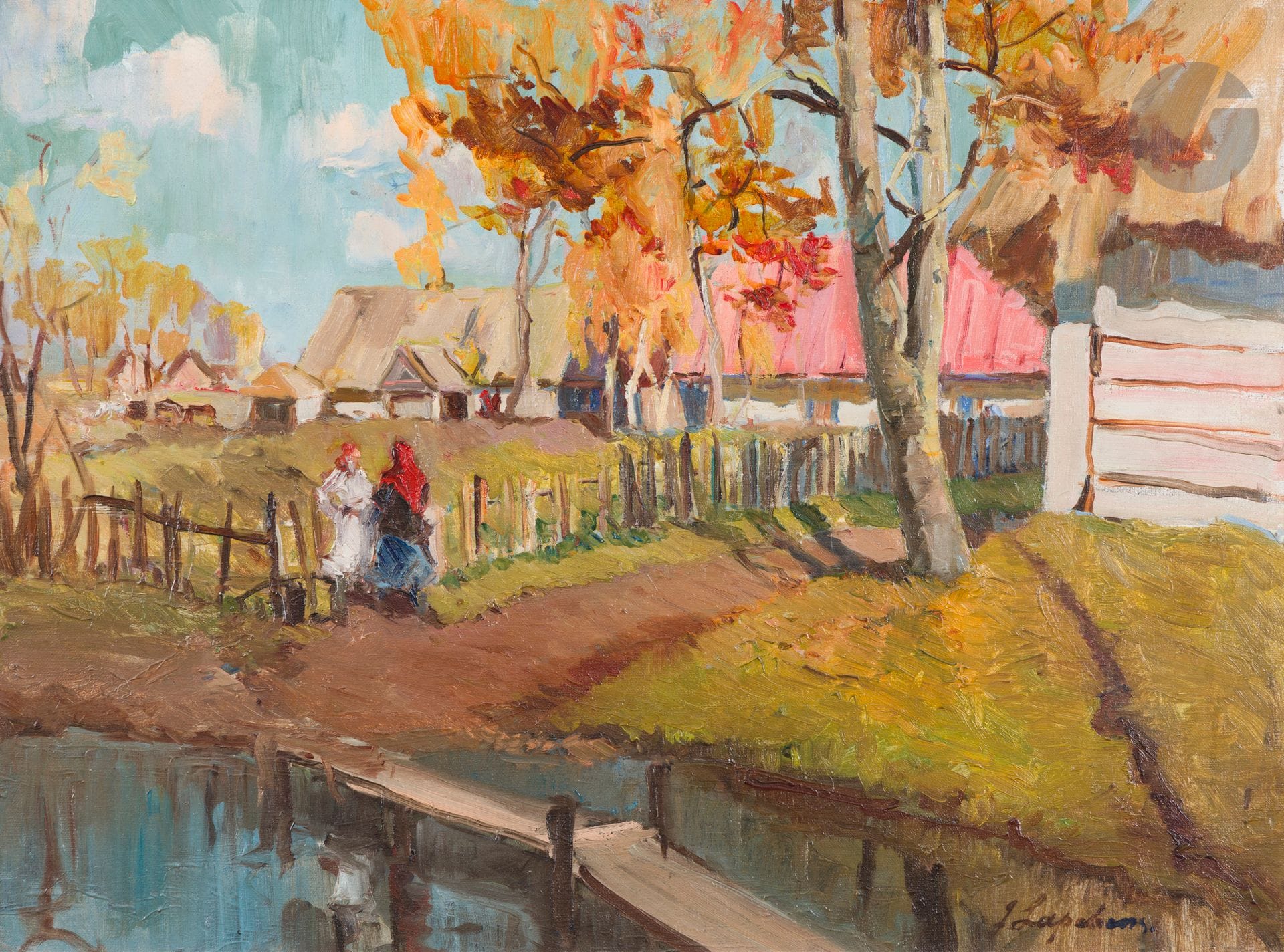 Georges (Gueorguy Alexandrovitch) LAPCHINE (1885-1950)
Village de Russie en automne
Huile sur toile.
Signée en bas à droite.
54,5 x 74 cm

[ART RUSSE]