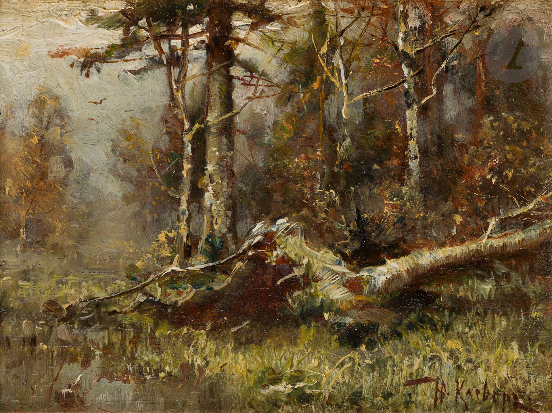 Yuliy Yulevich KLEVER (1850-1924)
Forêt en automne
Huile sur panneau.
Signée en bas à droite. Titrée et contresignée au dos.
12,5 x 15,8 cm

[ART RUSSE]
