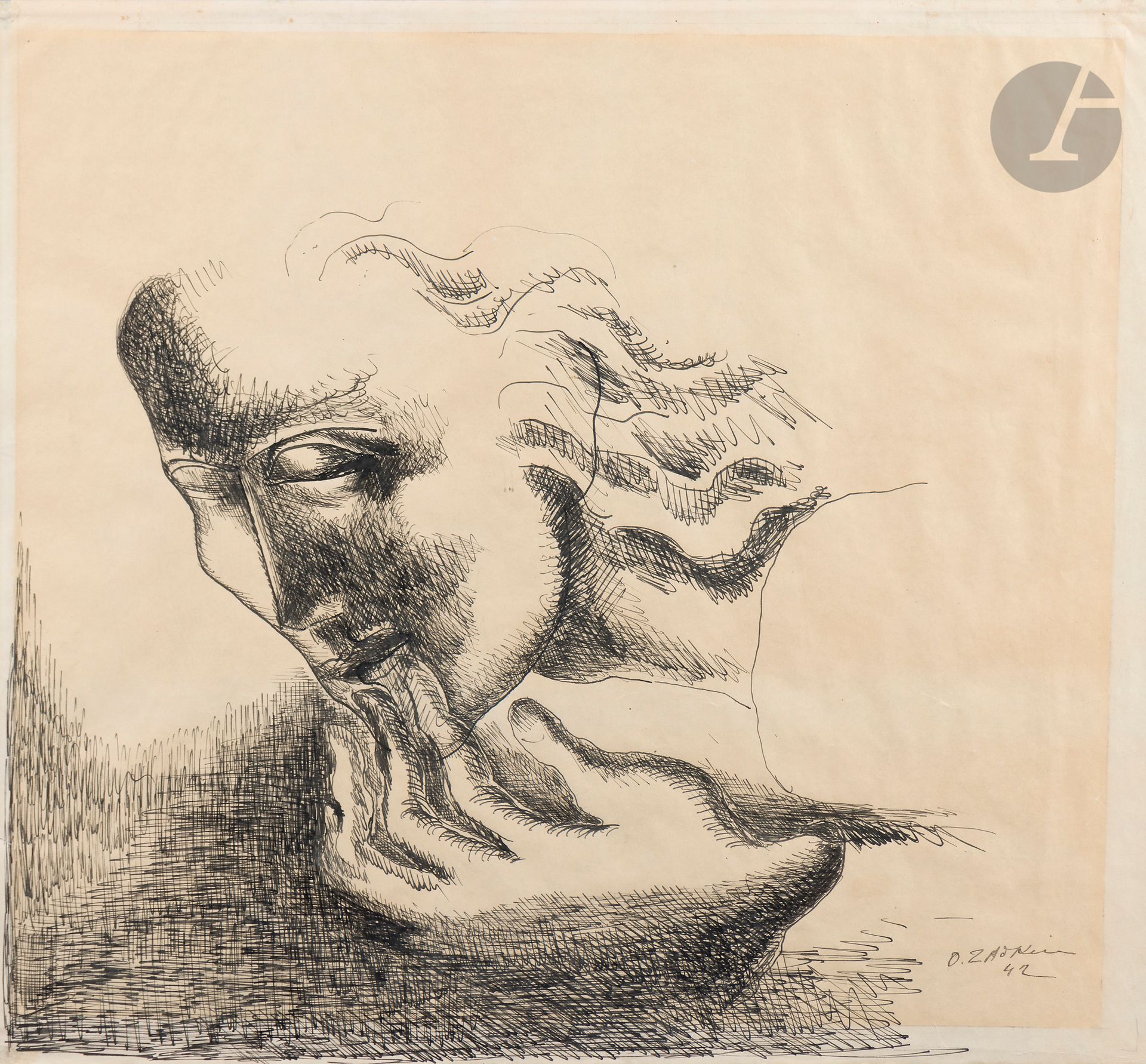 Ossip ZADKINE (1890-1967)
Femme de profil, 1942
Encre de Chine sur papier.
Signée et datée en bas à droite.
(Une courte déchirure le long du bord gauche).
47 x 51 cm

Il est probable que les traits du sujet aient été inspirés par ceux de la céramiste Carol Janeway.

[ART RUSSE]