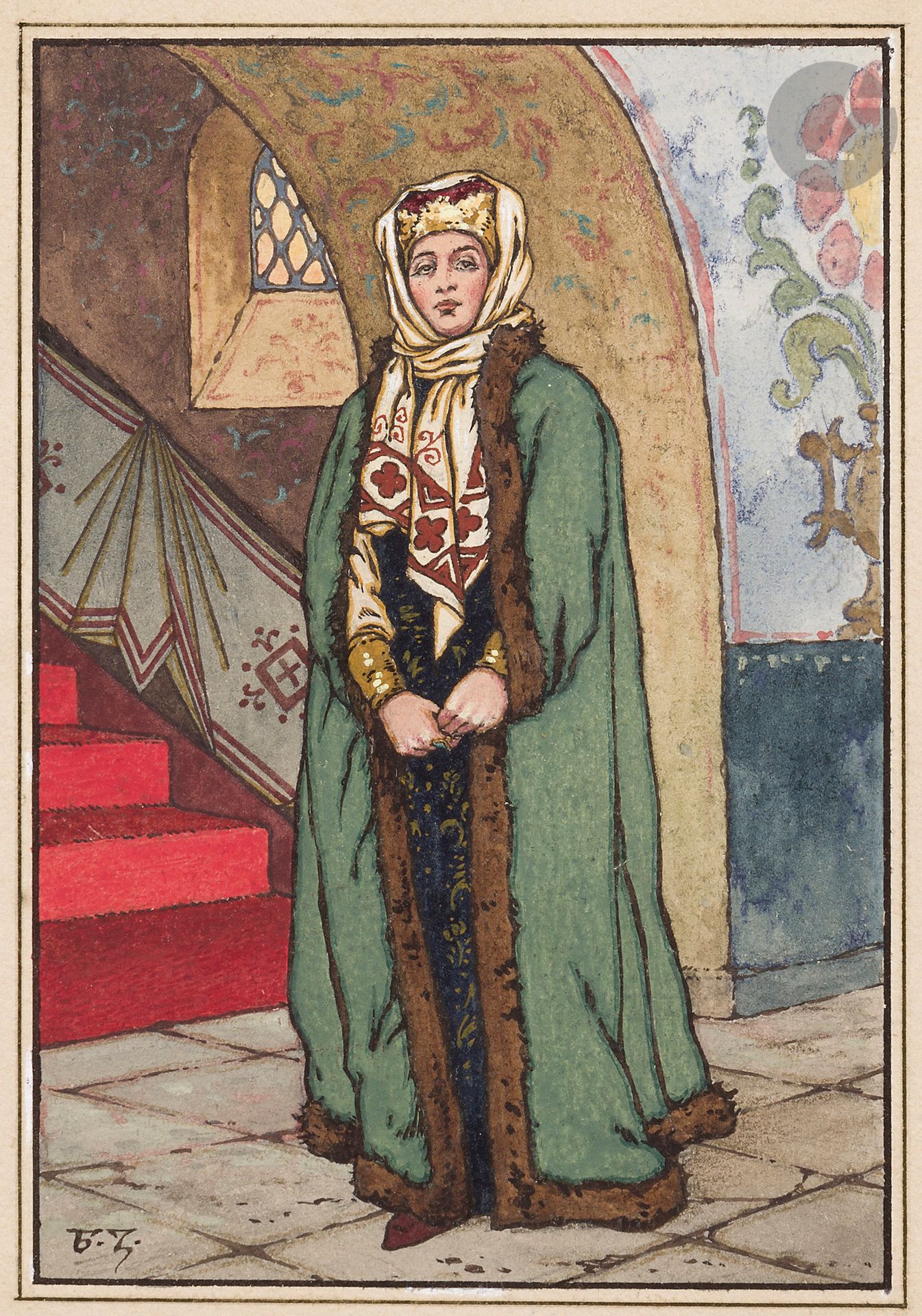 Boris Vassilievitch ZVORYKIN (1872-1942)
Boyarina au pied d’un escalier d’un palais du Kremlin au XVIIe siècle, c. 1930
Gouache sur papier.
Monogrammée en bas à gauche.
13,6 x 9,3 cm

Potentiellement une illustration pour Boris Godounov ou un conte de Pouchkine.

[ART RUSSE]