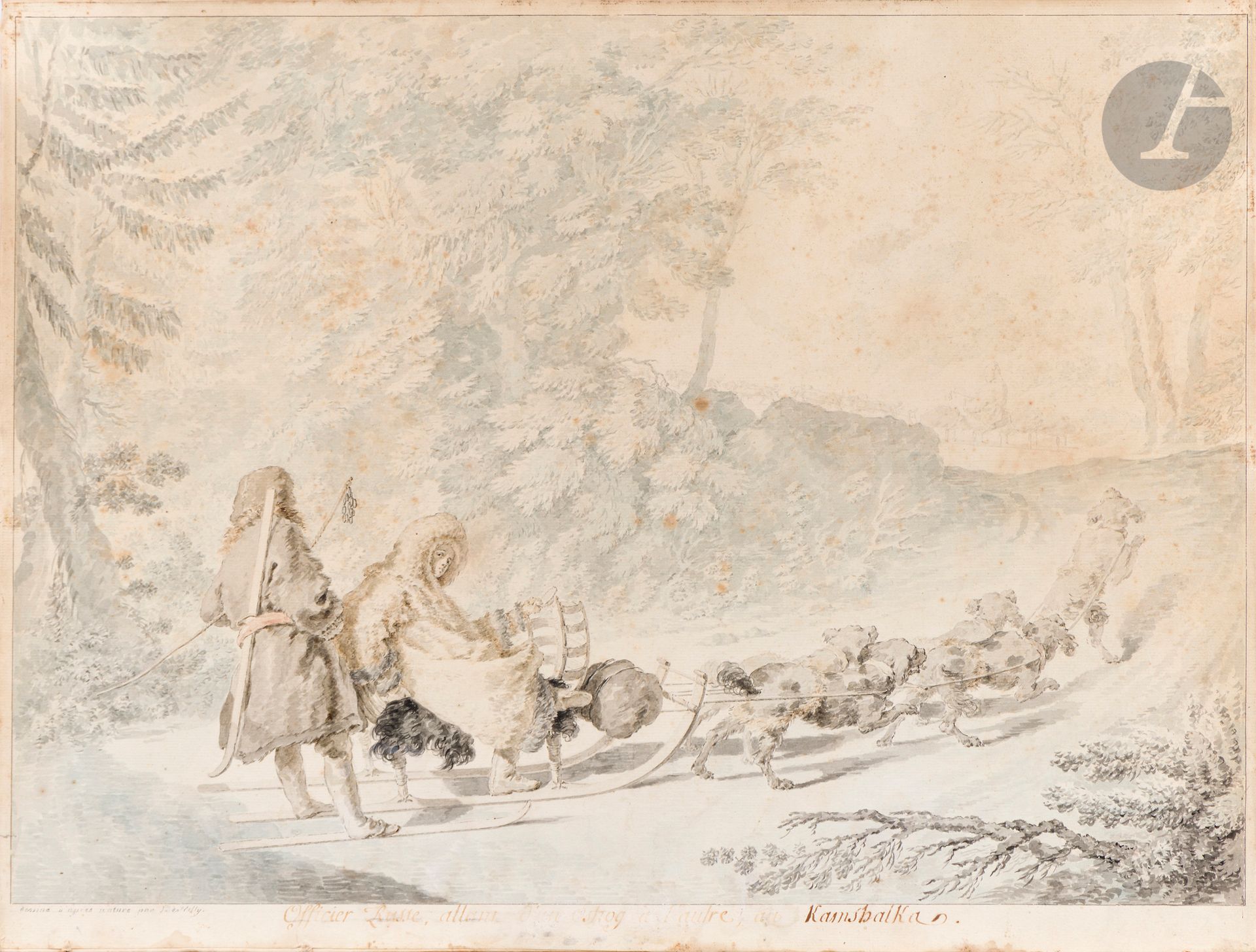 Jean-Louis de VELLY (de VEILLY) (1730-1804 ou 1809)
Officiers russes allant d’un ostrog à l’autre au Kamshatka
Aquarelle.
Annotée en bas à gauche : « Dessiné d’après nature par J. de Velly » et titrée en pied.
43 x 58,5 cm

[ART RUSSE]