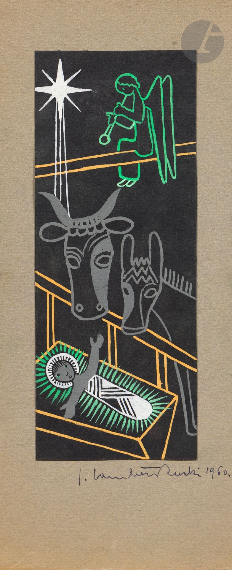 Jean LAMBERT-RUCKI (1888-1967)
Nativité, 1950
Gouache sur papier noir monté sur le carton.
Signée et datée en bas sur le carton.
21.4 x 8,5 cm

[POLONICA, ART POLONAIS]