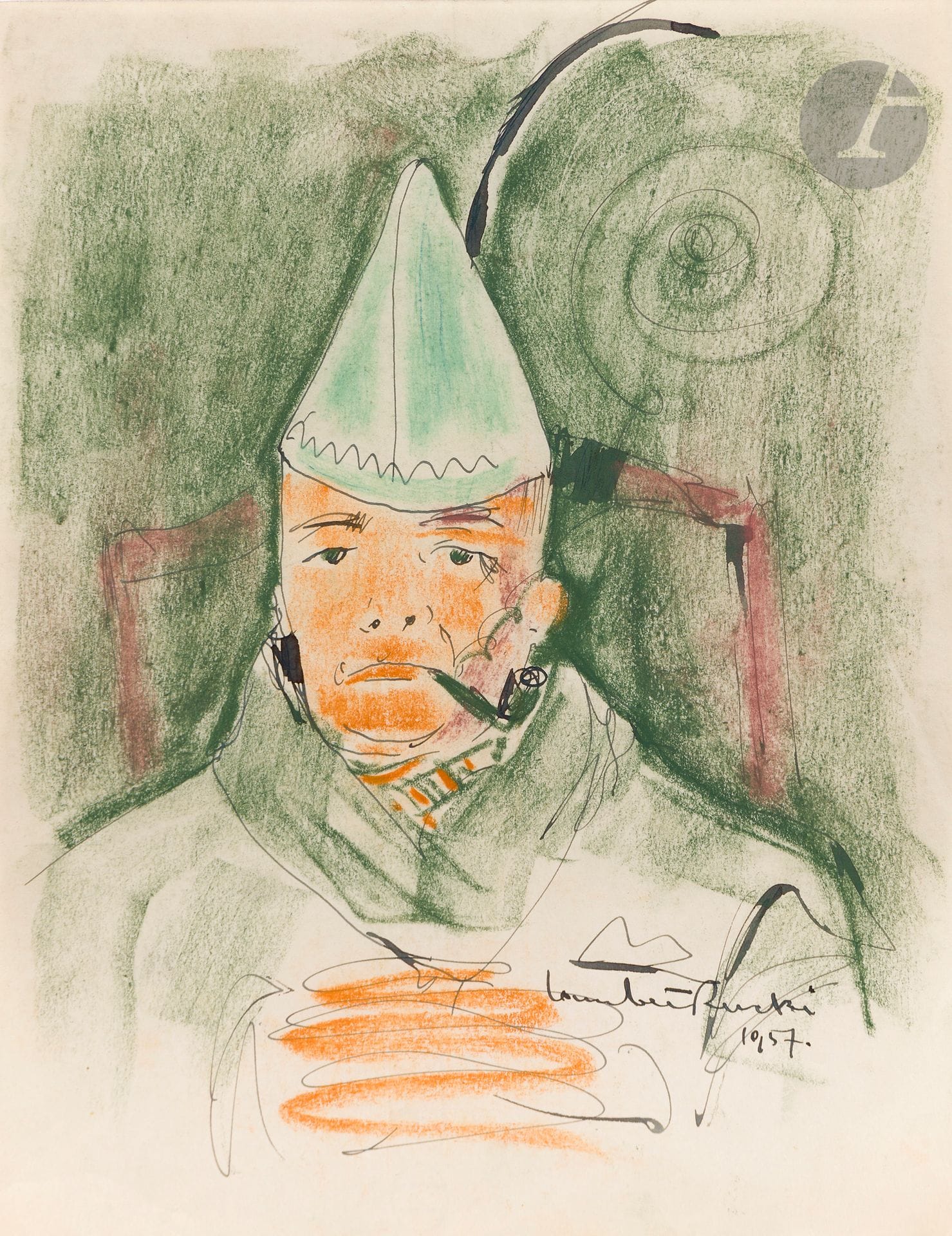 Jean LAMBERT-RUCKI (1888-1967)
Man with a pipe, 1957
Ink and grease pencil.
Signed and dated lower right.
27 x 21 cm

[POLONICA, POLISH ART]