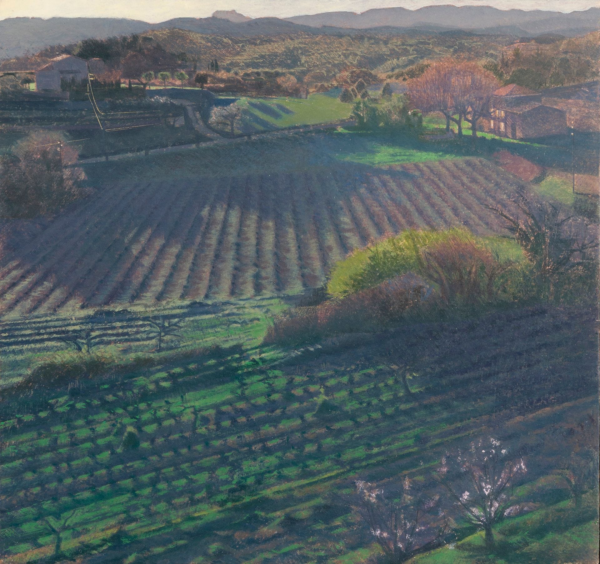 Jean-Michel BACQUET (born 1956)
La Grand'Vigne, spring morning, 
1988-1991
Oil on paper mounted on wood.
Signed and dated on the back.
20 x 20 cm

Provenance : 
Galerie Claude Bernard, Paris (label on mount).

Exhibition: 
Jean-Michel Bacquet, Galerie Forni, Bologna, January 11 - February 7, 1992.

We would like to thank Jean-Michel Bacquet for the information he provided.