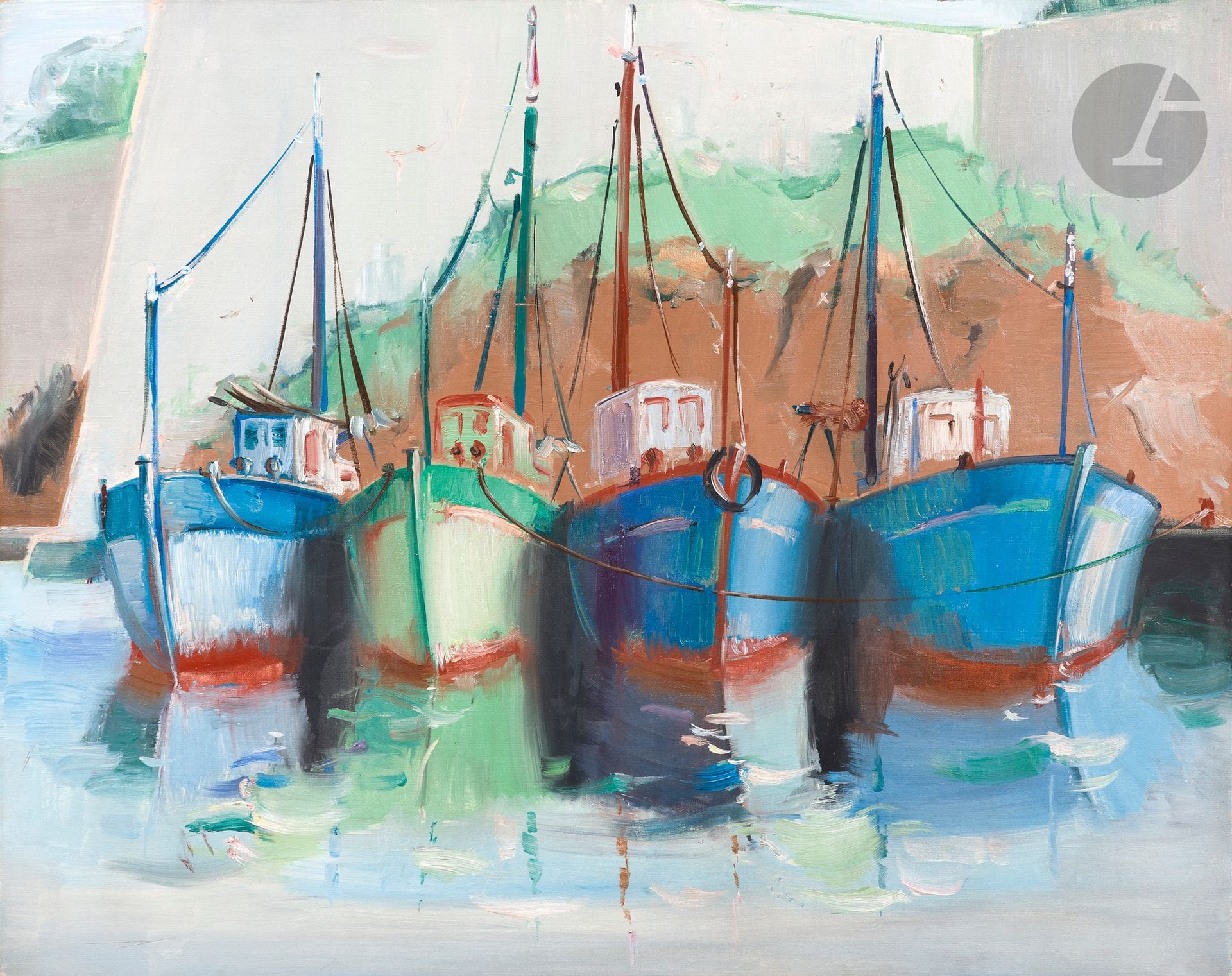 Jean HÉLION (1904-1987)
Belle-Île, 4 Pinasses, 1961
Huile sur toile.
Monogrammée et datée en haut à droite.
Signée, datée et titrée au dos.
73 x 92 cm

Provenance :
- Galerie Saint Germain, Paris.
- Collection particulière, Paris.

Cette œuvre est enregistrée dans le Catalogue Raisonné en ligne de Jean Hélion
(https://associationjeanhelion.fr/).