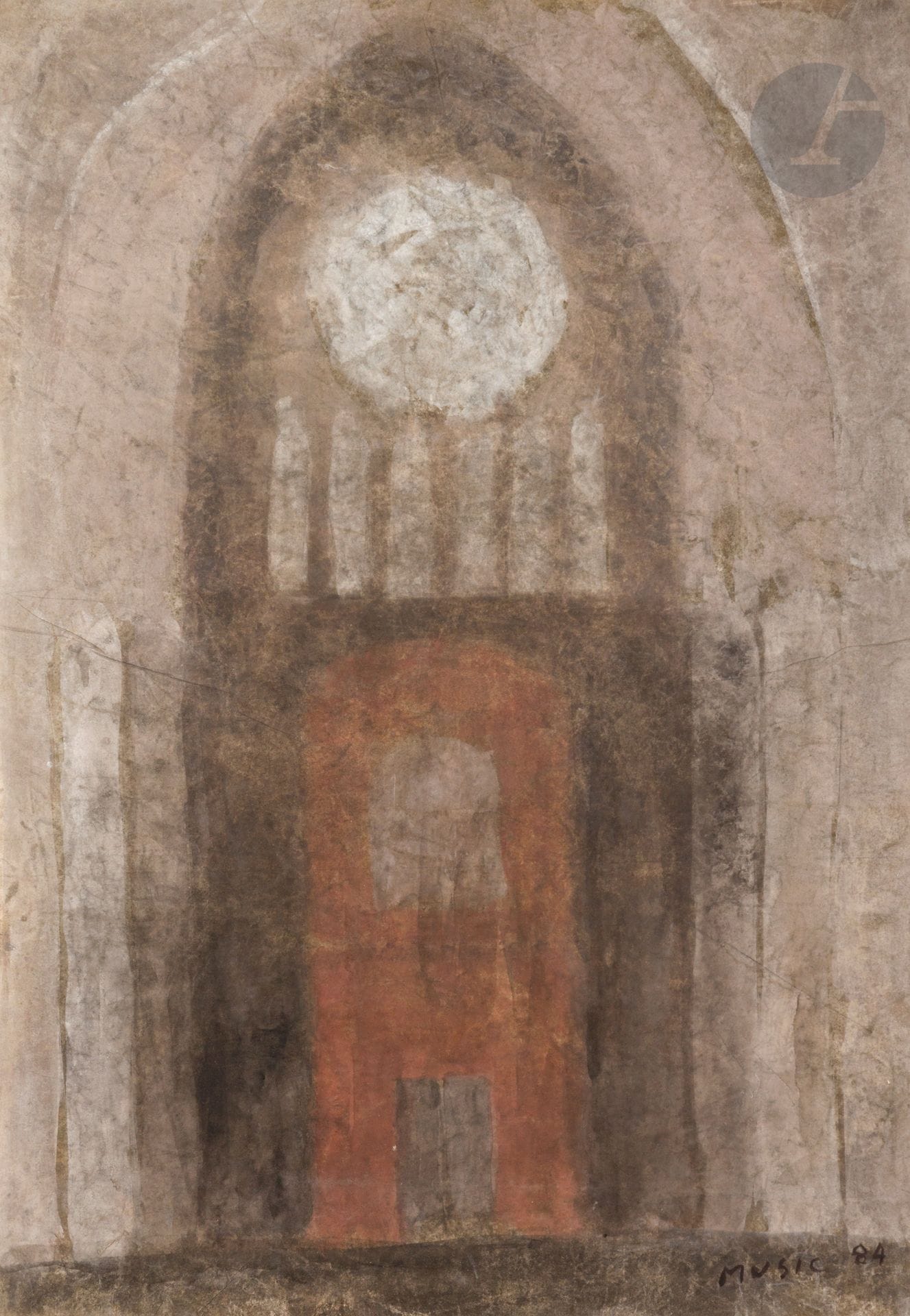 Zoran MUSIC [slovène] (1909-2005)
Intérieur de cathédrale, 1984
Gouache sur papier gris.
Signée et datée en bas à droite.
46,5 x 32,5 cm

Provenance : 
Galerie Claude Bernard, Paris (étiquette sur le montage).

Bibliographie : 
Magali Briat-Philippe, Charles Juliet, Zoran Music, apprendre à regarder la mort comme un soleil, Monastère Royal de Brou, Bourg-en-Bresse, Somogy Éditions d’Art, 2009, n° 65, reproduit p. 91.
