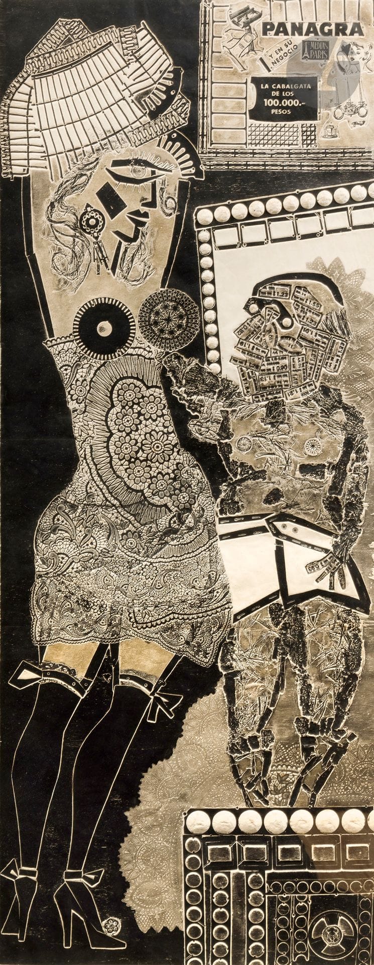 Antonio BERNI [argentin] (1905-1981)
Ramona y el viejo, 1965
Xylo-collage.
Signé et daté en bas droite.
Numéroté sur 25 et titré en bas à gauche.
(Petite déchirure en marge et rousseurs).
150 x 63,5 cm