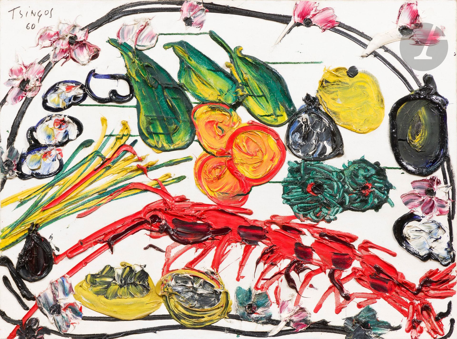 Thanos TSINGOS [Greek] (1914-1965)
The Crayfish, 1960
Oil on canvas.
Signed and dated upper left.
(Restorations).
60 x 81 cm

Provenance : 
- Galerie des 4 saisons, Paris (label on back).
- Private collection, Paris 6e.