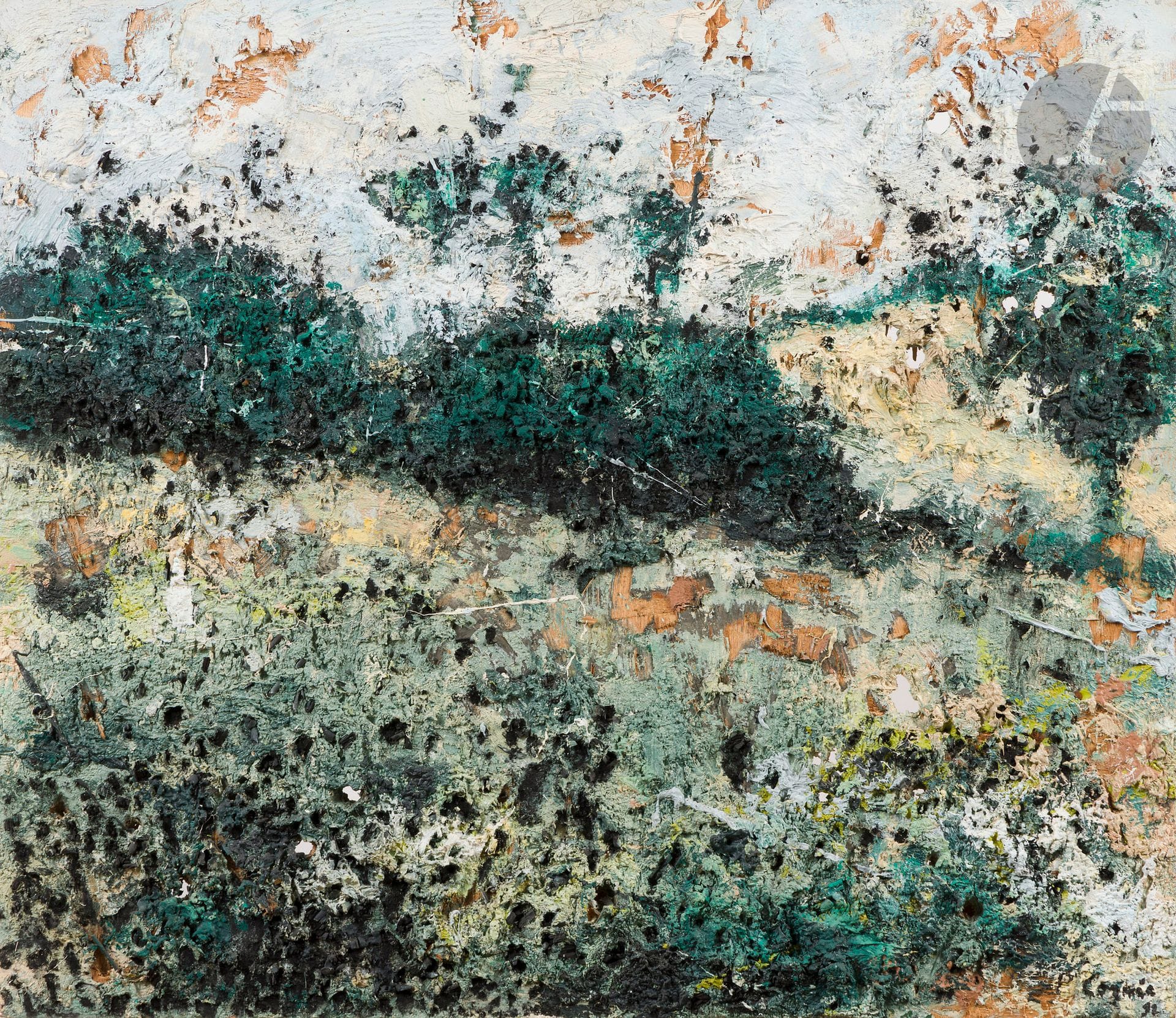 Philippe COGNÉE (born 1957)
Landscape, 1992
Oil and charcoal on canvas and wood.
Signed and dated lower right.
Signed and dated on the back.
65 x 75 cm

Provenance : 
Galerie Claude Bernard, Paris (label on back).