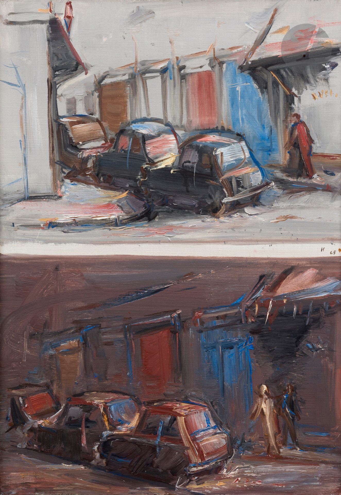 Jean HÉLION (1904-1987)
Day and Night, 1965
Oil on canvas.
Monogrammed and dated on the right.
Signed, dated and titled on the back.
55 x 38 cm

This work is recorded in Jean Hélion's online Catalogue Raisonné
(https://associationjeanhelion.fr/).