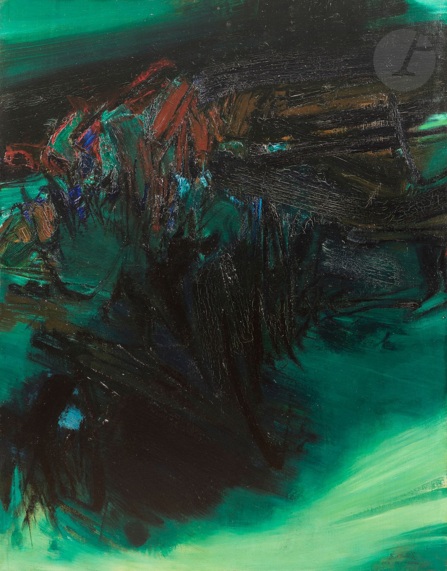 CHU Teh-Chun [chinois] (1920-2014)
N° 142, 1963
Huile sur toile.
Signée en bas à droite.
Signée, datée et numérotée au dos.
146 x 114 cm

Provenance : 
- Galerie Arlette Gimaray, Paris (étiquette au dos sur le châssis).
- Vente Maîtres Dumousset-Deburaux, 9 novembre 1989, n° 27.
- Vente Maîtres Champin-Lombrail-Gautier, Enghien-les-Bains, 4 avril 1990, n° 15.
- Vente Maître Gabrielle Ionesco, Hôtel des ventes de Neuilly, 3 juillet 1990, n° 158. Acquis lors de cette dernière par l’actuelle propriétaire.

Exposition :
Galerie Legendre, Paris, 1963.
 
Cette œuvre figure dans les archives de la Fondation Chu Teh Chun (https://chu-teh-chun.org) et sera publiée dans le Catalogue Raisonné de Chu Teh-Chun en cours de préparation. 

Un certificat de la Fondation Chu Teh-Chun sera remis à l’acquéreur.