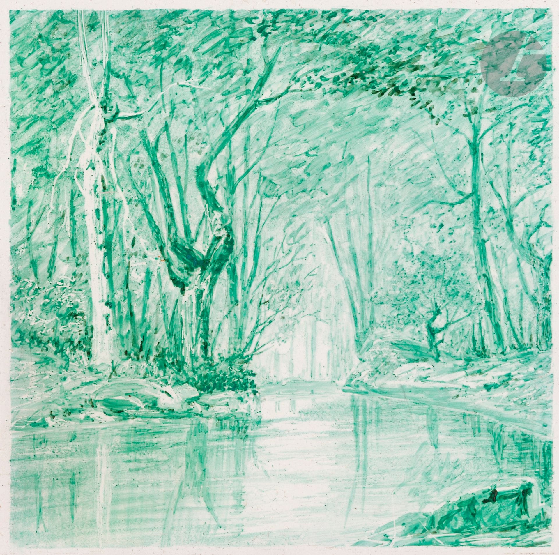 Camille PISSARRO (1830-1903)
La Rivière, 1880
Peinture sur carreau de faïence.
Signée et datée au dos.
(Infimes éclats au bord).
16 x 16 cm

Provenance : 
Vente Me Laurin, Palais Galliera, Paris, 8 décembre 1973, n° 67, reproduit.