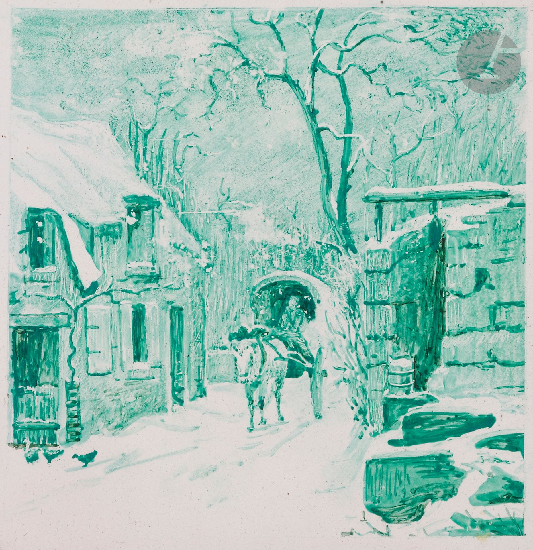 Camille PISSARRO (1830-1903)
La Carriole, 1880
Peinture sur carreau de faïence.
Signée et datée au dos.
(Petits éclats au bord).
16 x 16 cm

Provenance : 
Vente Me Laurin, Hôtel Drouot, Paris, 28 février 1975, n° 113, reproduit.