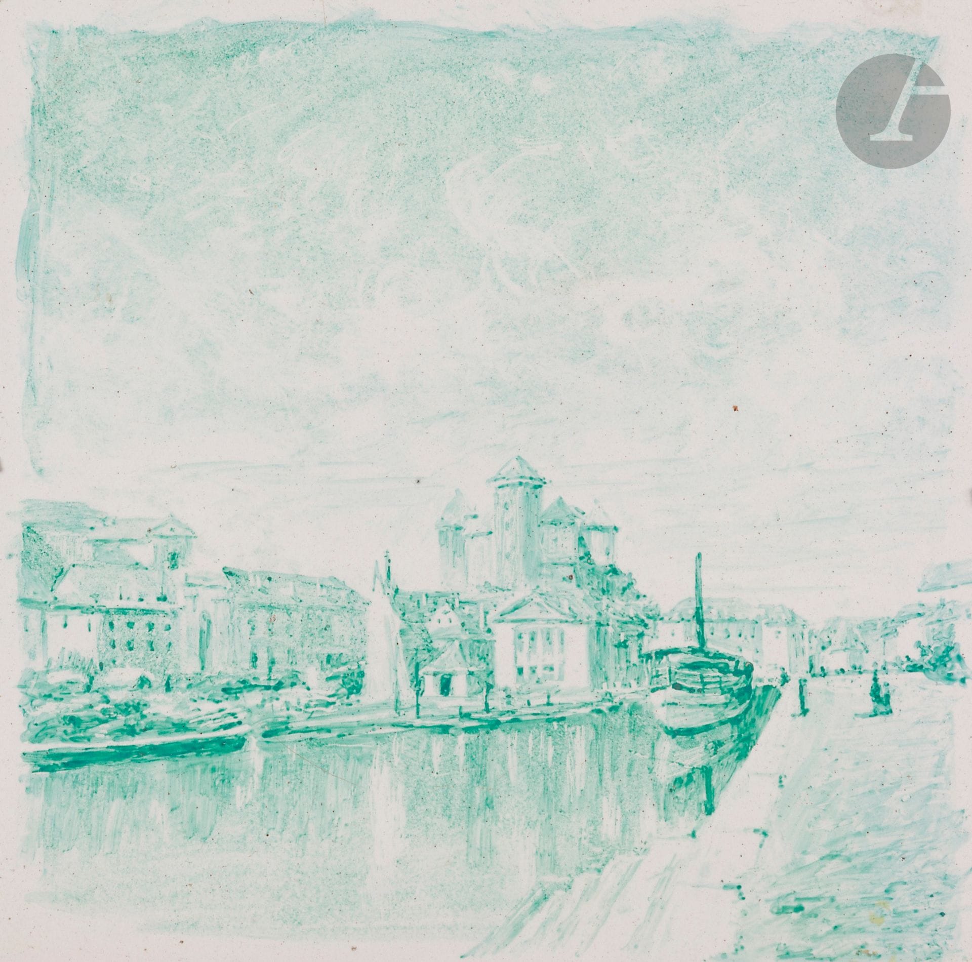 Camille PISSARRO (1830-1903)
Ville lacustre, 1880
Peinture sur carreau de faïence.
Signée et datée au dos.
16 x 16 cm

Provenance : 
Vente Me Laurin, Hôtel Drouot, Paris, 28 février 1975, n° 115, reproduit au catalogue.