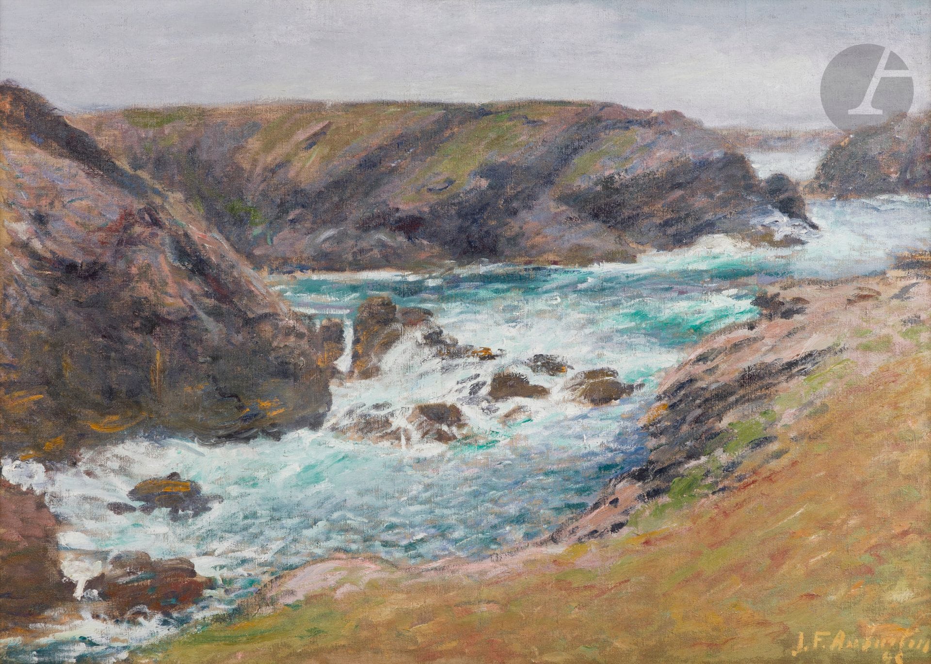Jean-Francis AUBURTIN (1866-1930)
Belle-Île-en-Mer, La Côte sauvage, 1896
Huile sur toile.
Signée et datée en bas à droite.
Titrée et datée sur le châssis.
65 x 92 cm

Exposition :
Jean-Francis Auburtin : Sur les pas de Monet à Belle-Île, Galerie Yannick Doyen, Vannes, décembre 2008.

Provenance :
Collection de Madame M., France.	

Nous remercions Madame Annick Le Ciclé, présidente de l'Association des Amis et Descendants de Jean-Francis Auburtin, d'avoir confirmé l'authenticité de cette œuvre et pour les informations qu'elle nous a transmises.