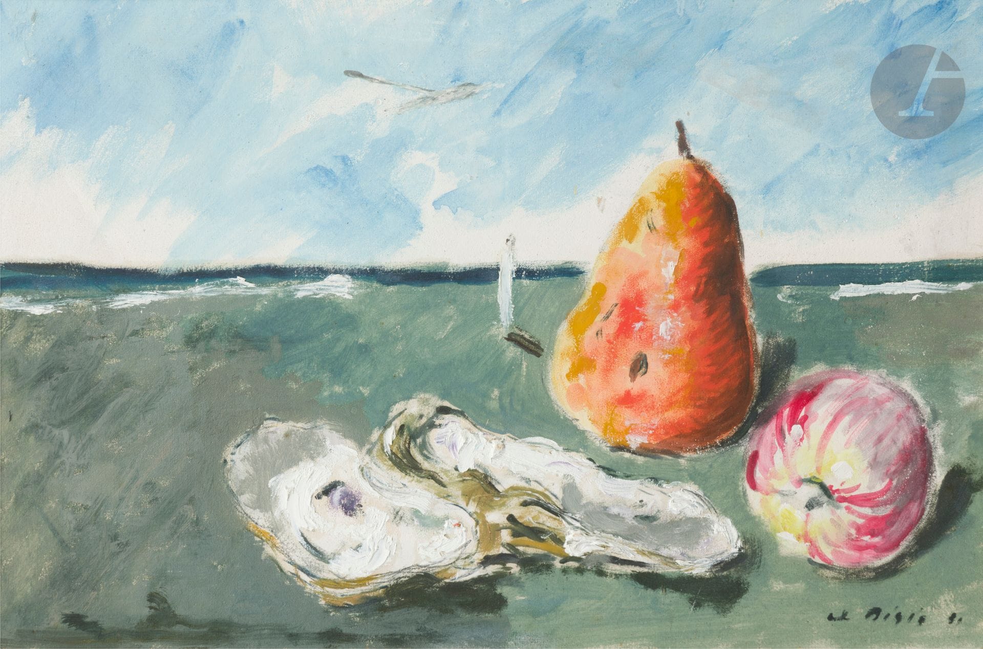 Filippo de PISIS (1896-1956)
Nature morte surréaliste, 1951
Huile sur papier.
Signée et datée en bas à droite.
32,5 x 48,5 cm

Provenance : 
Collection Madame W., Paris.