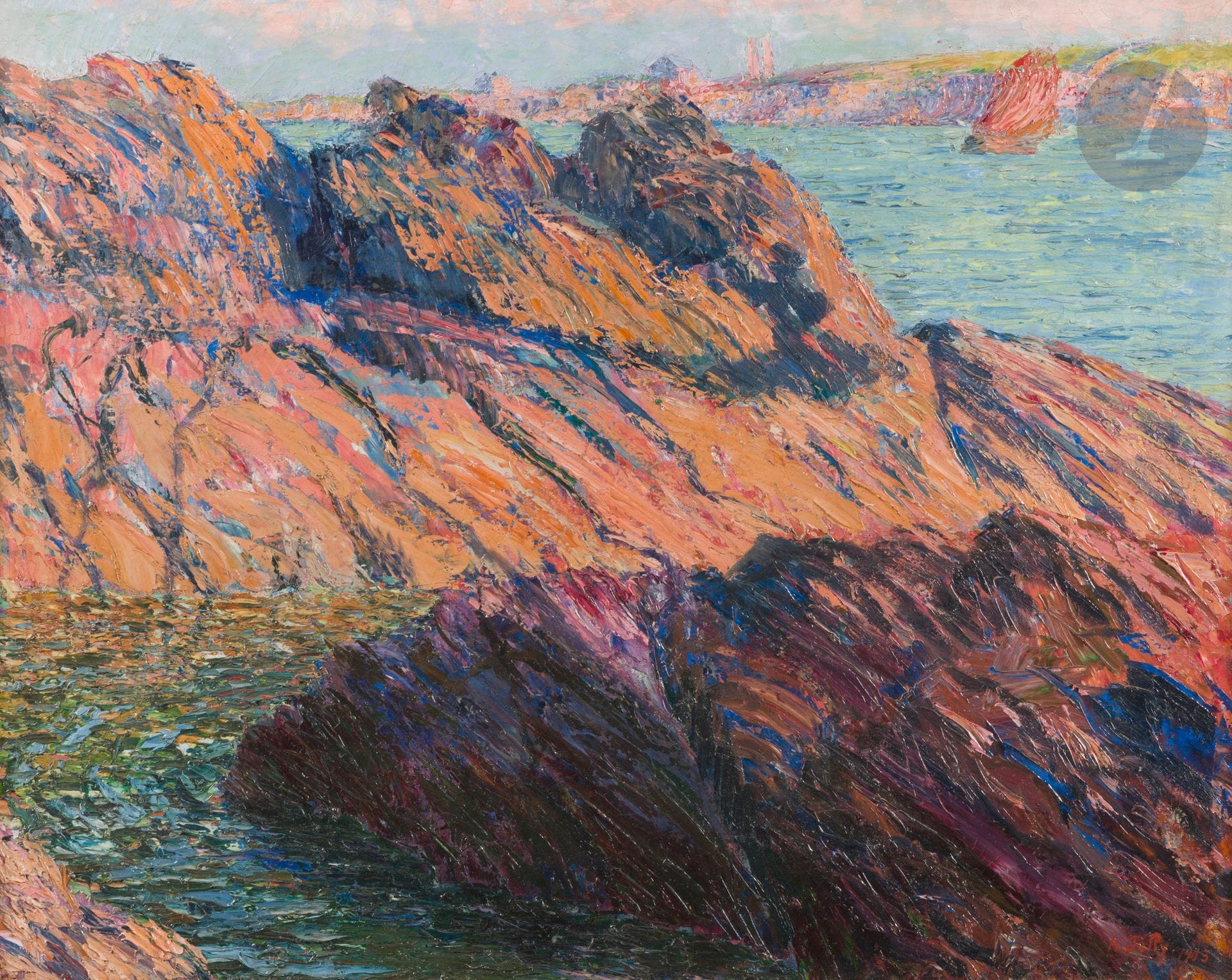 André JOLLY (1882-1969)
Rochers au soleil couchant, 1905
Huile sur toile.
Signée et datée en bas à droite.
Signée et titrée sur le châssis.
65 x 81 cm

Provenance :
Collection de Madame M., France.

Exposition : 
André Jolly, Musée de Pont-Aven, 19 mars - 20 juin 2005 (étiquette sur le châssis).