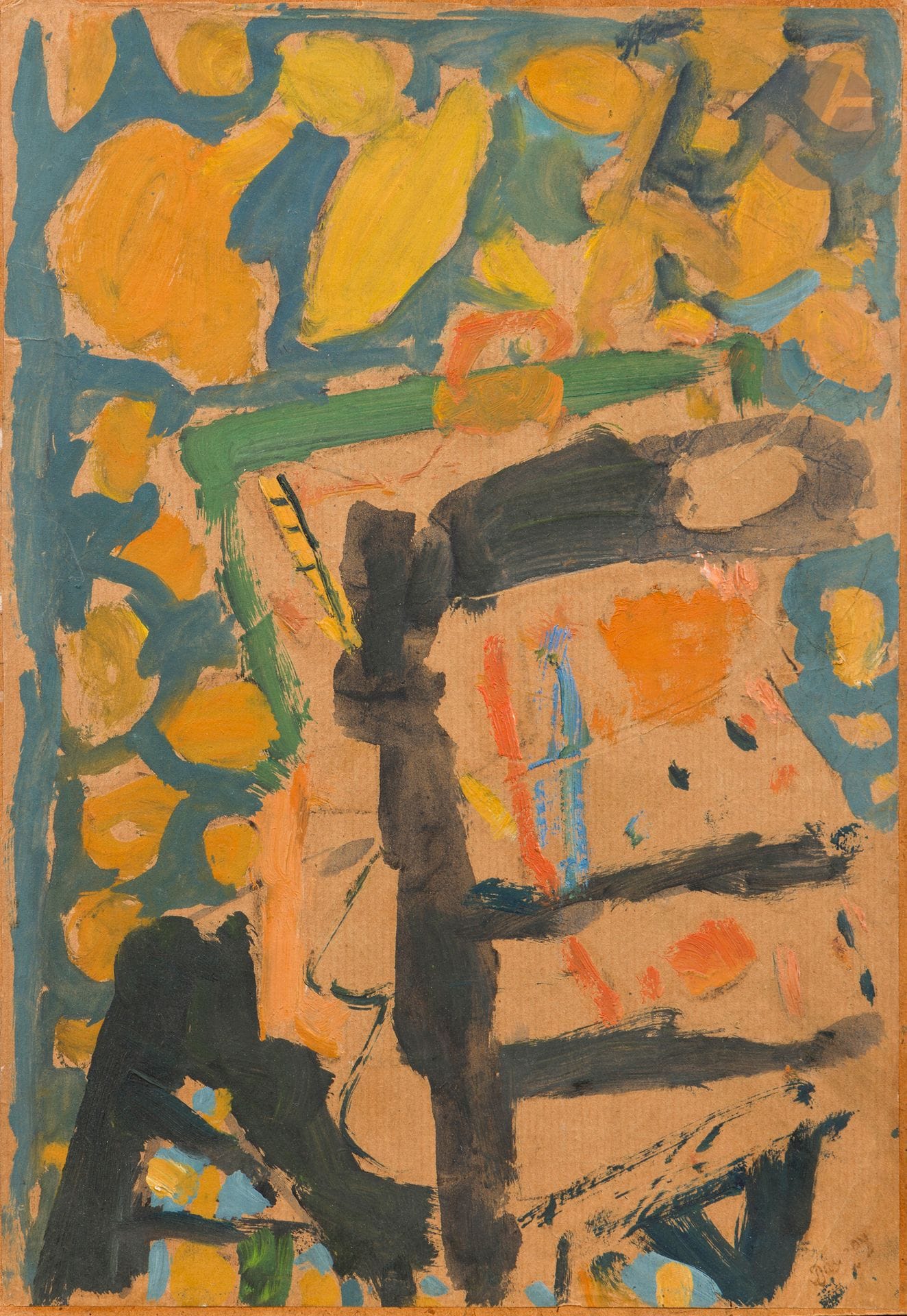 Jean Puni dit POUGNY (1892-1956)
Chaise et tapisserie, 1943-1944
Huile sur papier kraft contrecollé sur carton.
Timbre de l'atelier en bas à droite.
Numérotée "461 B" au dos.
33,5 x 23,5 cm

Provenance :
Vente Pougny, Me Claude Robert, Palais Galliera, Paris, 12 décembre 1969, n° 23, reproduit p. 21.

Bibliographie : 
Herman Berninger, Jean-Albert Cartier, Jean Pougny 1892-1956, Catalogue de l'oeuvre, Paris - Côte d'Azur 1924-1956, Peintures, Tome II, Tübingen, Éditions Ernst Wasmuth, 1992, n° 820, reproduit p. 212, numéro d'archives 756-461B.