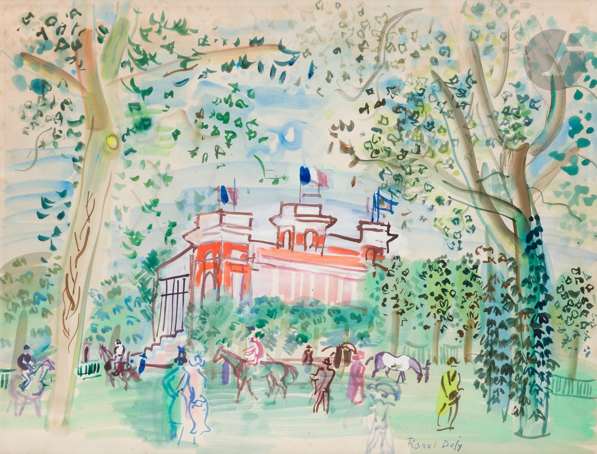 Raoul DUFY (1877-1953)
Pesage à Deauville, vers 1929-30
Aquarelle et gouache.
Signée en bas à droite.
49 x 65 cm

Un certificat de Madame Fanny Guillon-Laffaille, en date du 5 novembre 2024, sera remis à l'acquéreur.