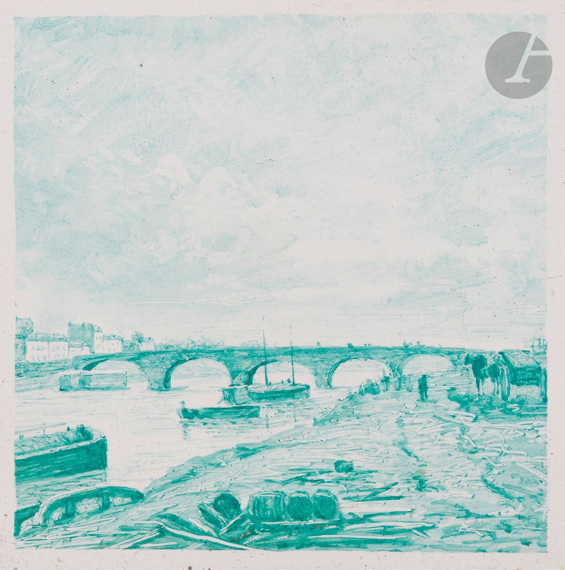 Camille PISSARRO (1830-1903)
Paris, pont sur la Seine, 1880
Peinture sur carreau de faïence.
Signée et datée au dos.
(Infimes éclats au bord).
16 x 16 cm

Provenance : 
Vente Me Laurin, Palais Galliera, Paris, 8 décembre 1973, n° 66, reproduit.