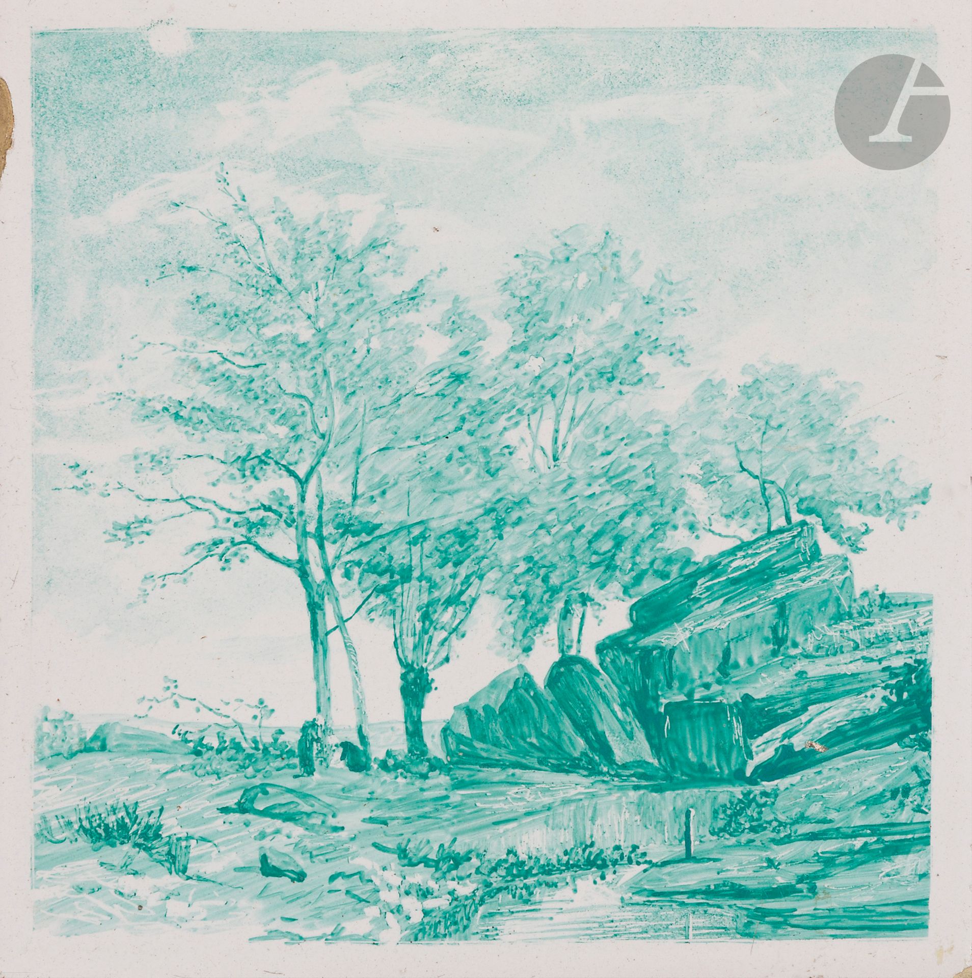 Camille PISSARRO (1830-1903)
Landscape with rocks, 1880
Painting on earthenware tile.
Unsigned.
(Small chips at edge).
16 x 16 cm

Provenance : 
Sale by Me Laurin, Hôtel Drouot, Paris, May 26, 1975, no. 129, reproduced.