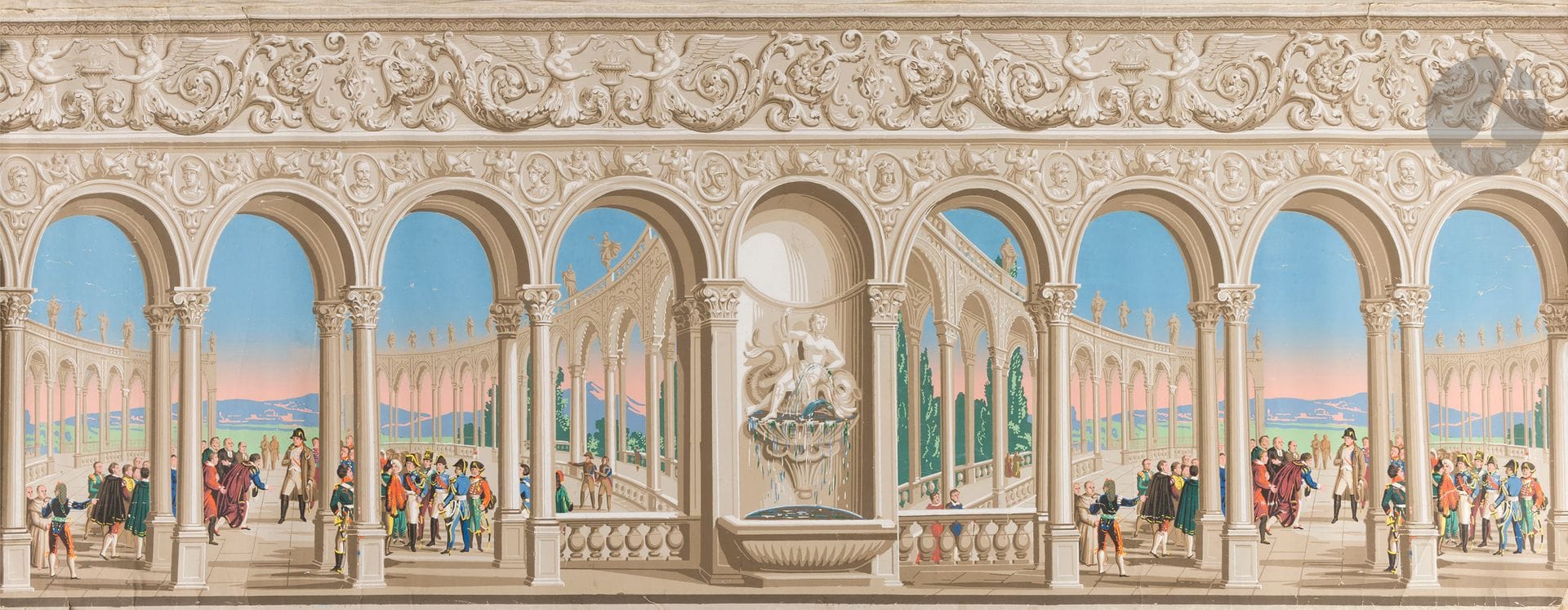 MANUFACTURE française XIXe siècle
Napoléon 1er en Italie
Frise de papier peint polychrome figurant Napoléon encadré de ses généraux dans un décor de colonnade de part et d’autre d’une fontaine, sommé d’une frise de rinceaux en grisaille.
71x138cm 
État: petits accidents, usures et griffures, entoilé.