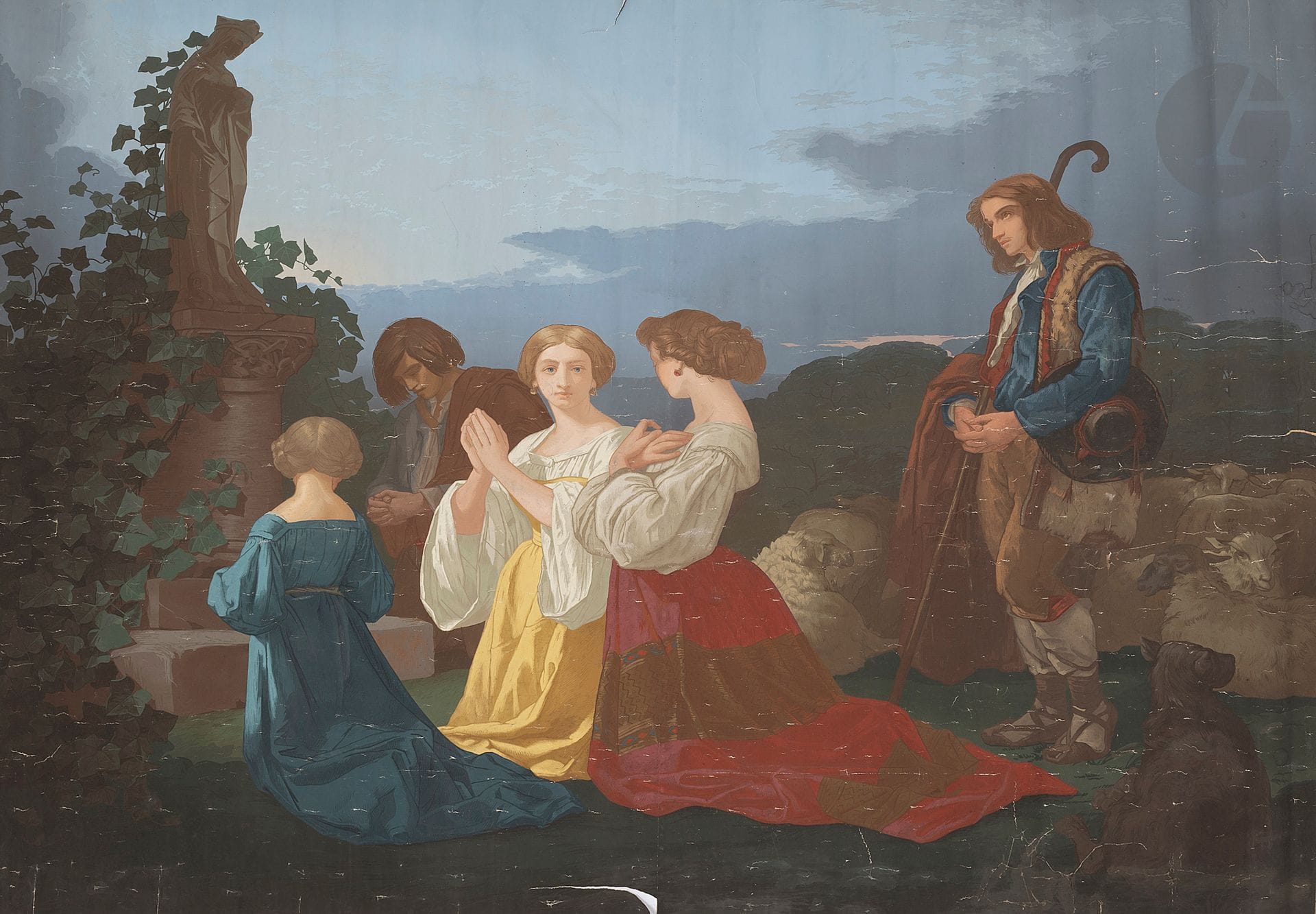 MANUFACTURE Jules DESFOSSÉ, 1862
L’Angélus ou La Prière, d’après Thomas COUTURE
Impression à la planche en couleurs sur deux feuilles accolées.
185x235cm  
État: complet. Coloris très frais, quelques petites déchirures, des usures et petits accidents. 

Exposition: 
Exposition Universelle 1862, Londres.

Bibliographie:
- Odile Nouvel-Kammerer, Papiers peints panoramiques, Paris, Musée des Arts Décoratifs, Flammarion,1990 p. 286 et 287.
- Catalogue d’exposition, Thomas Couture, Souper à la maison d’or, Jules Desfossé, Bénédicte Ottinger et Véronique de La Hougue, Senlis, Musée de l’Hôtel de Vermandois, Association des Amis du musée d’Art de Senlis, Musée des Arts Décoratifs, 1998-1999.

Un exemplaire conservé au Musée des Arts Décoratifs (MAD 25447).