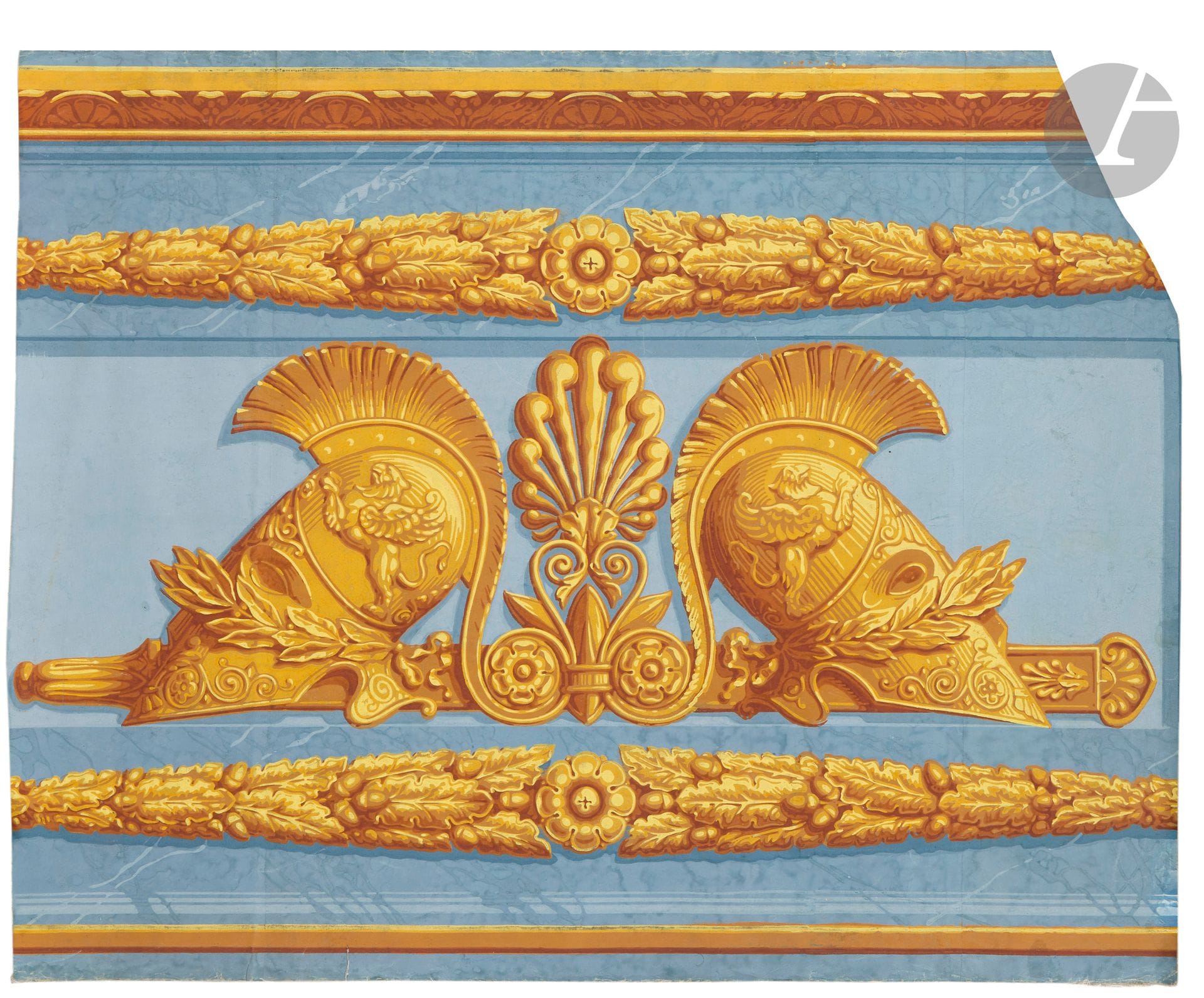 MANUFACTURE DUFOUR & LEROY, vers 1810 - 1820
Frise sur fond brossé bleu figurant deux casques grecs couleur d’or de part et d’autre d’une palmette.
57x70cm 
État: entoilé, des usures et manques en haut à droite.