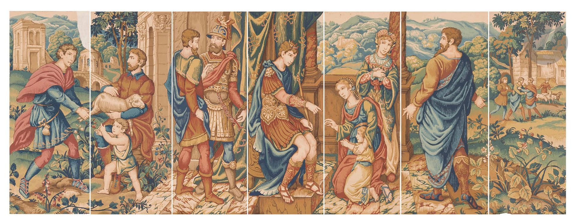 MANUFACTURE ISIDORE LEROY 1888
Le Jugement de Salomon
Décor en sept lés (complet) imitant une tapisserie. 
Impression mécanique en continu avec la machine à imprimer de vingt-six couleurs réservée aux décors d’exception et fabriquée pour Isidore Leroy en 1877.
Dimensions du décor d’un lé: 118x49,5cm Linéaire: 3,46 m. 
État: très bon état général, mais des petits accidents ou usures et un manque à un lé en haut à droite. 

Exposition: 
Modèle présenté à l’Exposition Universelle de Paris, 1889.