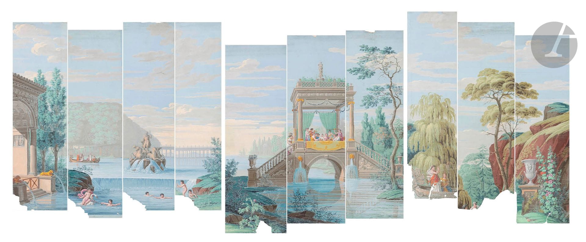 MANUFACTURE DUFOUR & LEROY vers 1827
Les Voyages d’Anthenor
Panoramique polychrome imprimé à la planche sur papier rabouté, incomplet comportant 23 lés sur 25, mais certains lés avec des manques importants. Il manque deux lés entiers, le N°4: verdure à la fin de la course des filles de Sparte et le N°11:  la danse des jeunes filles devant la grotte.  
Dimensions d’un lé: 210x53cm - Linéaire: 11,13 m
État: nombreux accidents, taches, usures et déchirures, des manques importants en particulier en partie basse, le lé N°13 incomplet, certains lés plus courts, mais coloris très frais.

Source: 
Notes de E.A. FAUCONNIER sur les Desfossé et anciens du papier peint DK1935/1936: «Anthénor, en 25 lés avec 1689 planches, dont 939 pour les figures et 83 couleurs, dont 42 pour les figures - la collection 70 francs»

Bibliographie: 
Odile Nouvel-Kammerer, Papiers peints panoramiques, Paris, Musée des Arts Décoratifs, Flammarion, 1990, p. 264 : «Sources : Etienne François de Lantier, Les Voyages d’Anténor en Grèce et en Asie, 1798».