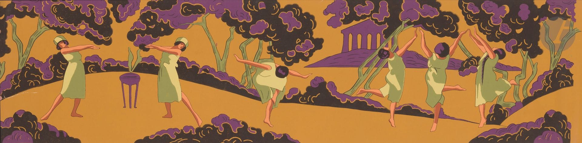 MANUFACTURE FRANÇAISE époque ART DÉCO
Frise de jeunes femmes dans un paysage sur fond ocre jaune, imprimé avec 21 planches.
Dessinateur A. Courtois. 
Hauteur du décor: 46cm - Longueur: 192cm - Largeur du lé: 50cm
Bon état en dépit de petites déchirures et petites usures. 

Note:
Échantillon au Musée des Arts Décoratifs (inv. RI 2021.3.300).