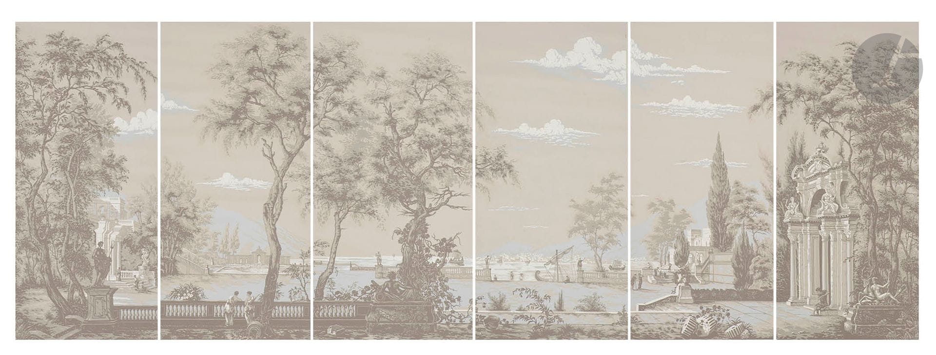 MANUFACTURE Isidore LEROY 
Roman terraces
Panoramic in six strips, in beige-gray monochrome on continuous paper. Printed in the third third of the 20th century. 
Dimensions of one strip: 400x75cm 
Dimensions of decor: 150x75cm 
Mint condition.