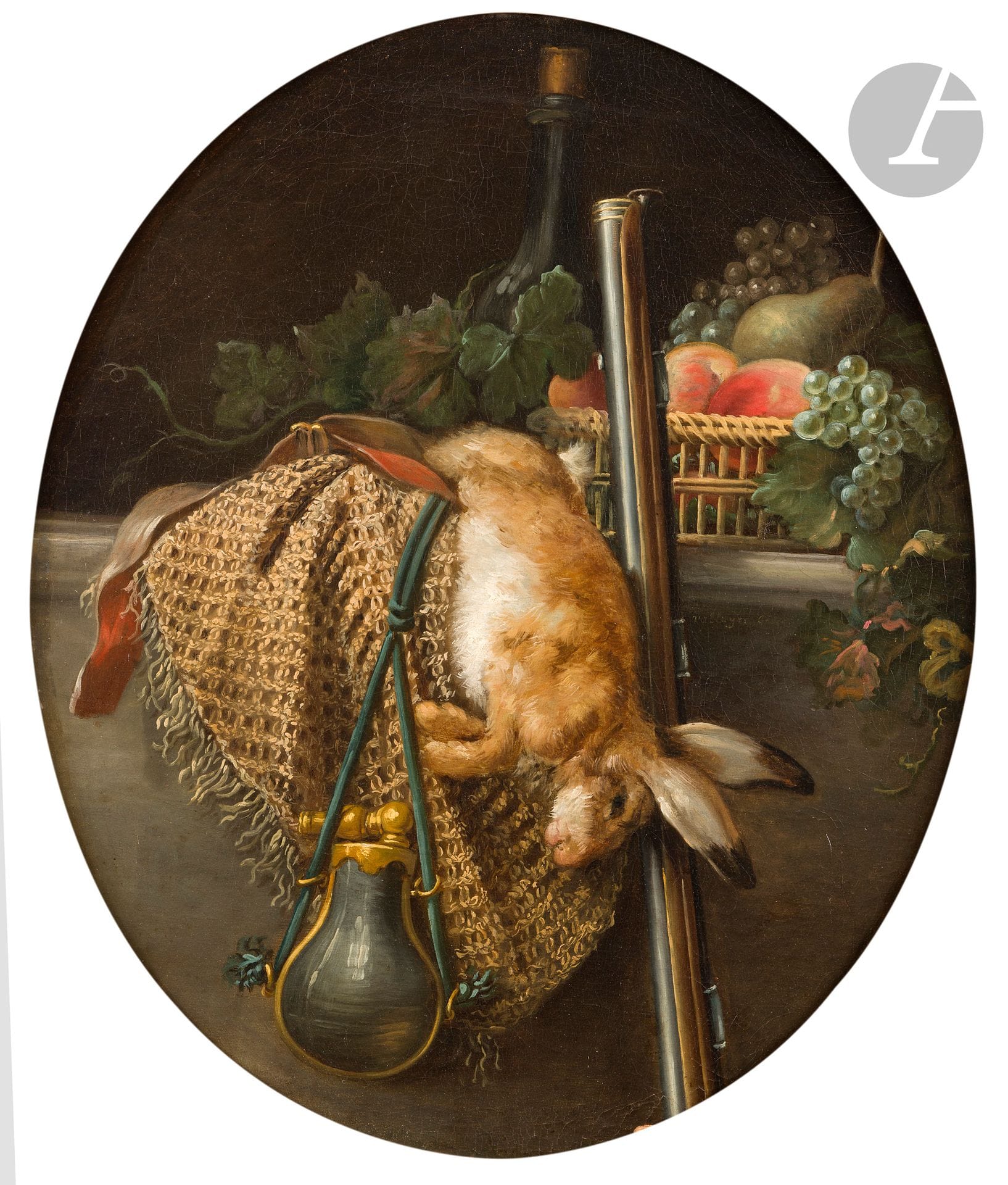 Anne VALLAYER-COSTER (Paris 1744 - 1818) 
Still life with hare, carnier, powder flask, fruit basket and bottle on a stone table
Oval canvas 
Signed on the right "vallayer coster".
66 x 54 cm

Provenance :
- Sale from the collection of Baron de Beurnonville, Paris, Hôtel Drouot (Maître Pillet), May 9, 1881, no. 179 (400 francs) ; 
- Anonymous sale, Paris, Hôtel Drouot (Tajan), December 12, 1995, no. 112. 

Bibliography: 
- M. Roland Michel, Anne Vallayer-Coster 1744-1818, Paris, 1970, no. 296 (as lost); 
- Exhibition catalog, Anne Vallayer-Coster: peintre à la Cour de Marie-Antoinette, (ed. Kahng Eik), Washington, National Gallery of Art, Dallas Museum of Art, New-York, The Frick Collection, Musée des Beaux-Arts de Marseille, 2002-2003, Marseille Paris, 2003, n°127, reproduced p. 217. 

Anne Vallayer was admitted to the Académie Royale de peinture et de sculpture on July 28, 1770 as a still-life painter. She exhibited at the Salons, where critics, including Diderot, were dithyrambic. She soon began to paint figures and portraits on a more occasional basis, and became part of Marie-Antoinette's inner circle, obtaining lodgings at the Louvre. In 1781, she married Jean-Pierre Sylvestre Coster, a lawyer at Parliament and Receiver General. Along with Adélaïde Labille-Guiard and Elisabeth Vigée-Lebrun, she was one of the few female painters to make a name for herself during the reign of Louis XVI.

A painter of flower bouquets, Anne Vallayer-Coster also executed several hunting still lifes. Our composition is reminiscent of Chardin in the vibrant fur of the hare, the velvety texture of the fruit basket and the carafe, so present in his work. The details and quality of finish are characteristic of our painter. Note the geometric construction of this hunting scene, suggested by the cross-shaped axis given by the entablature and the rifle. This geometric structure is softened, however, by the blue ribbon and the oval shape of the powder flask and fruit.