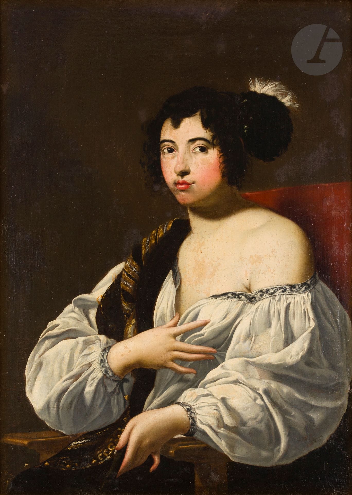 Attributed to Claude MELLAN (1598 - 1688)
Portrait of a Courtesan
Canvas
98 x 72.5 cm
(Old restorations)

Provenance :
Anonymous sale, Paris, Hôtel George V (Ader, Picard, Tajan), June 22, 1990, no. 101 (Claude Mellan).

Bibliography :
- M. Préaud, Claude Mellan incisore, in the exhibition catalog Claude Mellan, gli anni romani, un incisore tra Vouet e Bernini, Rome, 1989-1990, p. 73 ;
- L. Ficacci, Ipotesi su Mellan pittore in the exhibition catalog Claude Mellan, gli anni romani, un incisore tra Vouet e Bernini, Rome, 1989-1990, pp. 365-366 and p. 371 note 19, reproduced on p. 365;
- Exhibition catalog Simon Vouet (les années italiennes 1613/1627), Nantes, Musée de Beaux-Arts, Besançon, Musée des Beaux-Arts, 2008- 2009, quoted p. 197.


Celebrated as the greatest French engraver of the 17th century for his virtuoso prints, such as La Sainte Face du Christ, Claude Mellan is also documented as a painter. Civil status records refer to him as "Peintre et Graveur du Roy". The Barberini inventory of 1631 lists several paintings by him. Sandrart, who knew him in Rome, and Charles Perrault cite him as such, and several of his engravings bear the letter in (venit) pinx (it) sculp (sit), proof that he did indeed paint. There was once a hypothesis, now abandoned, that he was the author of the Hérodiade in Montpellier's Musée Fabre. Sylvain Kerspern has offered to return three paintings with religious and mythological subjects.

Our painting is clearly part of Simon Vouet's entourage in Rome. Mellan arrived in the papal capital as early as 1624 and returned to France in 1636. This portrait of a "beauty" alludes to Caravaggio's famous courtesan Fillide Melandroni, destroyed in the Berlin Museum in 1945, while the pose echoes that of Raphael's Fornarina (Rome, Palazzo Barberini). Here, Mellan modulates Caravaggesque chiaroscuro: the contrast of brown and red tones is broken by the whiteness of the garment. The young woman wears a sumptuous silk shawl, embroidered with gold and silver thread, meticulously sewn into circular motifs that follow the shape of the fabric. The scarf highlights the elegance of her gesture, her delicately placed fingers; while her intense, direct gaze evokes portraits by Caravaggio.

Our model can be compared to Mellan's Study of a Nude Woman in Red Chalk in the Nationalmuseum, Stockholm (fig. 1, 14.1 x 10.9 cm), in which the same feminine type and the same indocile way of drawing hair can be seen. Further comparisons with his engravings are possible, in particular with Loth and his Daughters, in which the draped movements and tapering hands are similar.