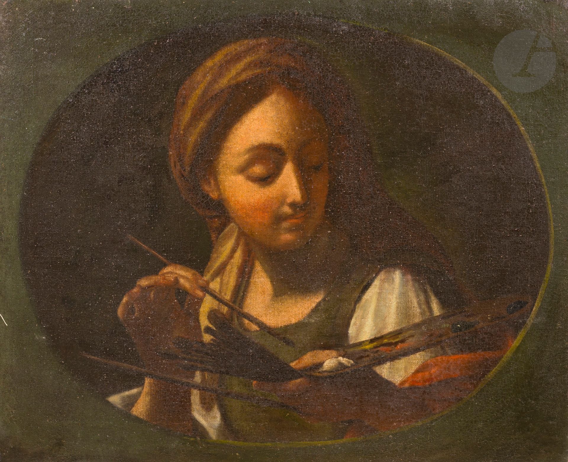 École BOLONAISE du milieu du XVIIe siècle
Allégorie de la peinture, dans un ovale peint
Toile
57 x 73 cm
(Restaurations anciennes)