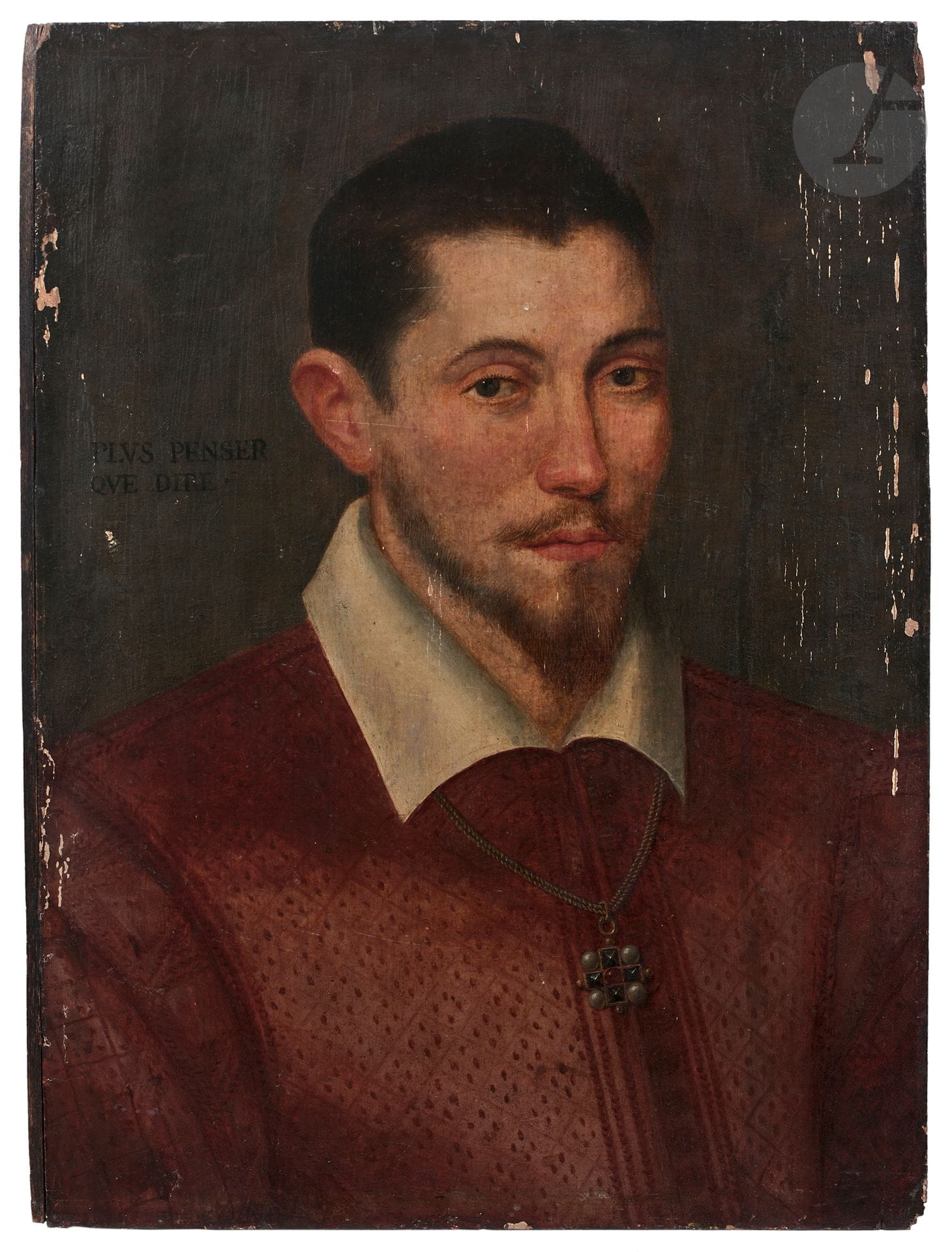 École FLAMANDE vers 1590
Portrait de gentilhomme
Panneau de chêne, parqueté
51 x 38 cm
Porte une inscription en français à gauche «PLUS PENSER/QUE DIRE».
(Restaurations anciennes, soulèvements et manques)

Provenance :
Collection Samuel Josefowitz.