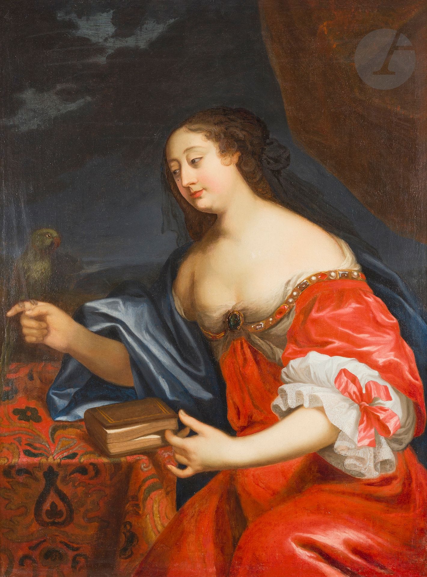 École FRANÇAISE vers 1660, entourage des BEAUBRUN
Femme au perroquet
Toile
110,5 x 84,4 cm
Porte une inscription récente au revers du cadre « Bordes » et des numéros dont un au pochoir « W19 » et «OSD»
(Restaurations anciennes)

Provenance :
Château de Potzneusiedl, Autriche.