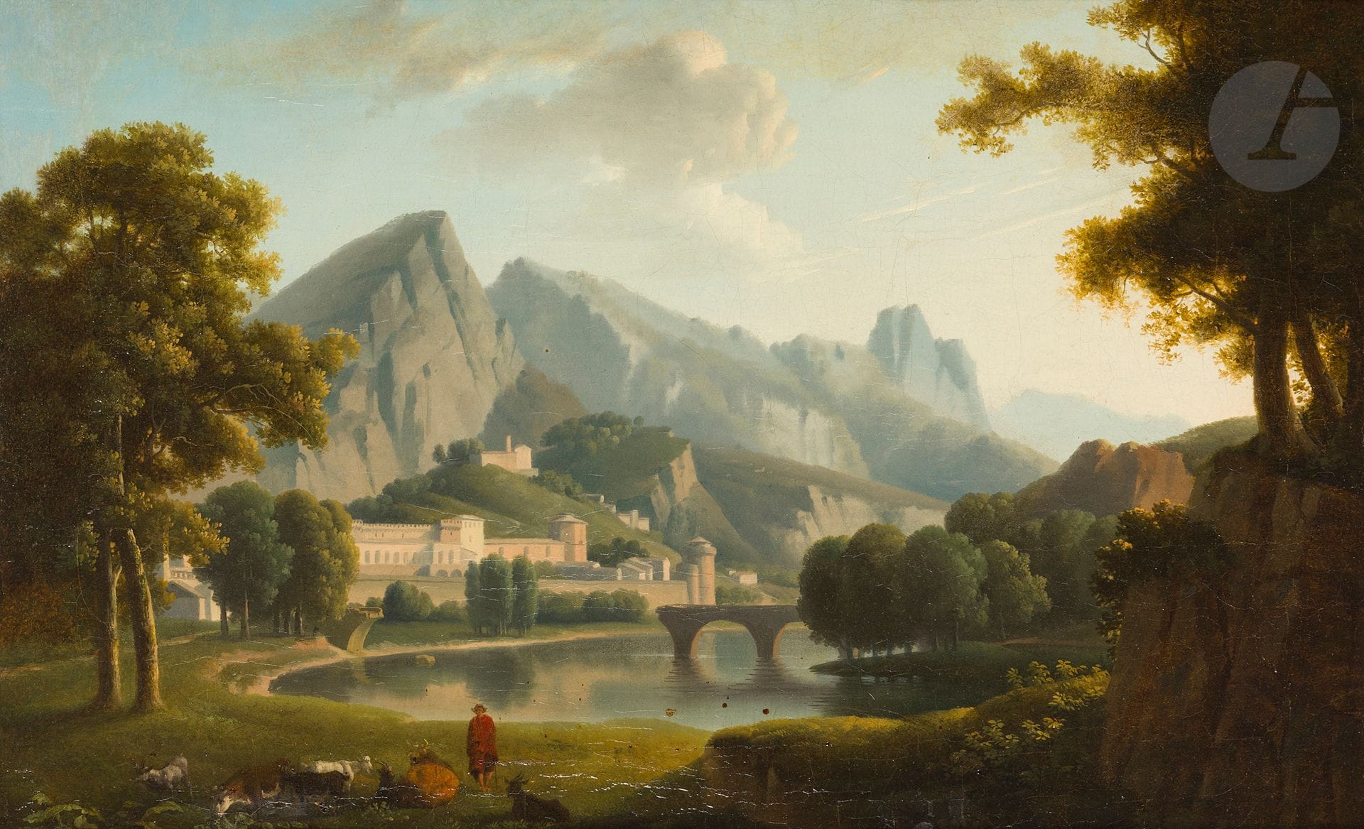 Alexandre-Hyacinthe DUNOUY (Paris, 1757 - Jouy-en-Josas, 1841)
Paysage classique avec un pont rompu dans une boucle de rivière en Italie
Toile
30 x 60 cm
Cadre à palmettes d’époque Empire
(Restaurations anciennes)

Nous remercions Anne-Elisabeth Heurtaux de nous avoir confirmé l’authenticité de cette œuvre d’après un examen de visu en novembre 2024.