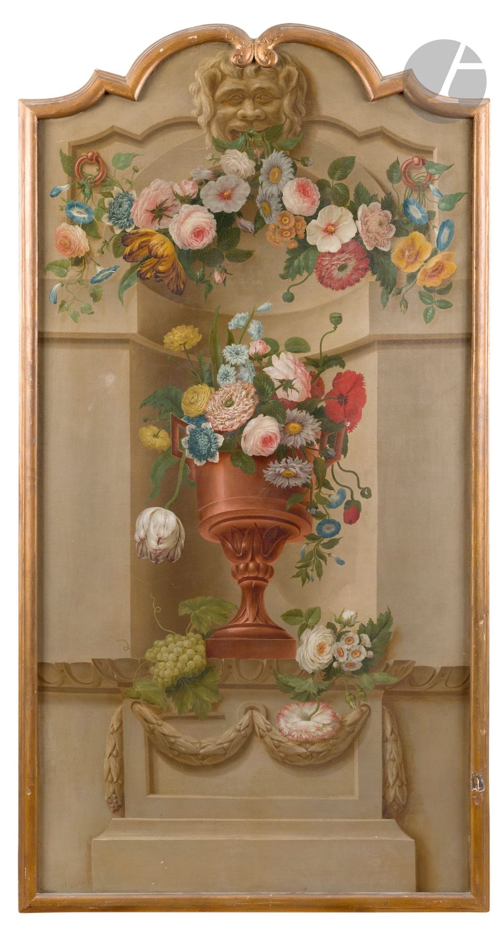 École FLAMANDE 
de la fin du XVIIIe siècle
Trompe-l’œil avec une urne de fleurs dans une niche
Toile chantournée dans la partie supérieure
173 x 90 cm
(Restaurations anciennes et accident)