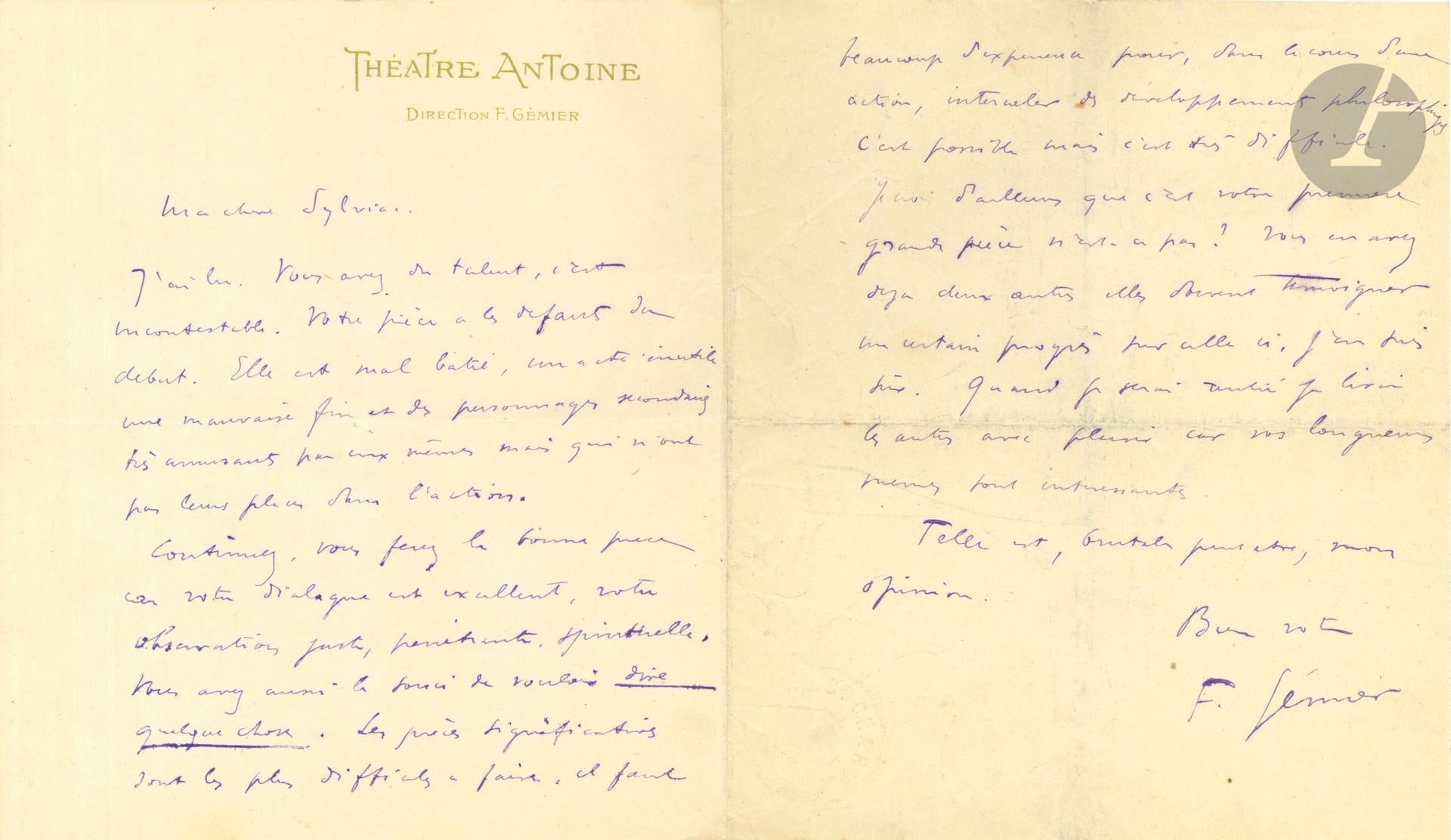 Firmin GÉMIER (1869-1933). 3 L.A.S., une P.S. et une relique; 6pages in-8 à en-tête (Théâtre Antoine et une Théâtre de la Renaissance, et 4p. in-4).
[Vers 1910 ?], à Marie-Thérèse Sylviac. «J’ai lu. Vous avez du talent, c’est incontestable. Votre pièce a les défauts du début. Elle est mal bâtie, un acte inutile une mauvaise fin et des personnages secondaires très amusants par eux-mêmes mais qui n’ont pas leurs places dans l’action. Continuez, vous ferez la bonne pièce car votre dialogue est excellent, votre observation juste, pénétrante, spirituelle. Vous avez aussi le souci de vouloir dire quelque chose. Les pièces significatives sont les plus difficiles à faire»… – À un auteur dramatique, faisant des remarques précises sur sa pièce Le Lien, avant de conclure : «En somme des qualités, des espérances. Travaillez, les auteurs connus ont appris le métier en faisant des pièces nombreuses qui dorment encore dans leurs tiroirs. La première qu’ils ont fait jouer n’est venue que la dixième et même la vingtième, ne vous découragez pas puisque vous avez un dialogue excellent et des idées scéniques»... – [7 août 1901], il lira avec plaisir un manuscrit. 
3 septembre 1915. Contrat avec Gustave Quinson (qui a apostillé et signé) à qui Gémier confie en sous-location le Théâtre Antoine, et sa direction intérimaire, prévoyant notamment la représentation de toute œuvre «du même genre que celles habituellement représentées au Théâtre Antoine» et la revue de Rip 1915; le contrat est prolongé le 3 mars 1916 pour les représentations de Nono de Sacha Guitry…
Paire de bas gris, brodée de passementerie dorée, 87 cm (quelques reprises) portés par Gémier dans Le Misanthrope, offerts par Roger Weber à Jean Darnel (avec lettre d’envoi). 

On joint : L’Album Comique d’avril 1908, en partie consacré à Gémier. Plus 30 lettres et documents, par Théodore Barrière, Léon Bernard, Francisque Berton, Martine Carol, Jacques Deval, Jean-Baptiste Drouet (1844 au directeur de l’Odéon), Edmée Favart, Germaine Gallois, Max Maurey, Porel (à P. Mortier), Régnier et Amédée Scribe, etc.