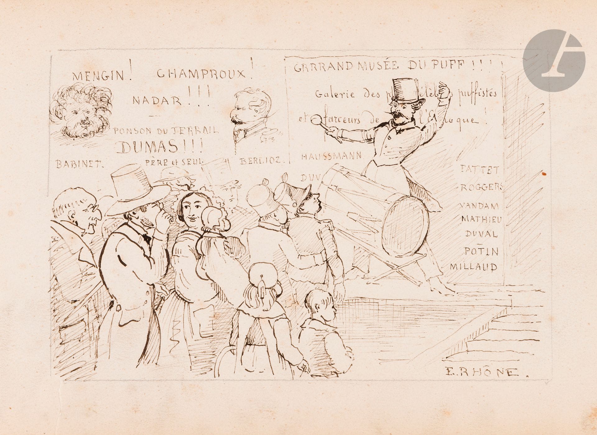 DESSINS HUMORISTIQUES. Album de 18 dessins à la plume, 1863; oblong in-8, dos chagrin noir, titre Album en lettres dorées sur le plat sup. (dos usagé).
18 dessins à la plume, le premier signé E. Rhône : caricatures sur la publicité des journaux, les charlatans, la chanteuse Thérésa, Félix Potin, les candidatures électorales notamment celle de Léonor-Joseph Havin contre Bertron, etc.