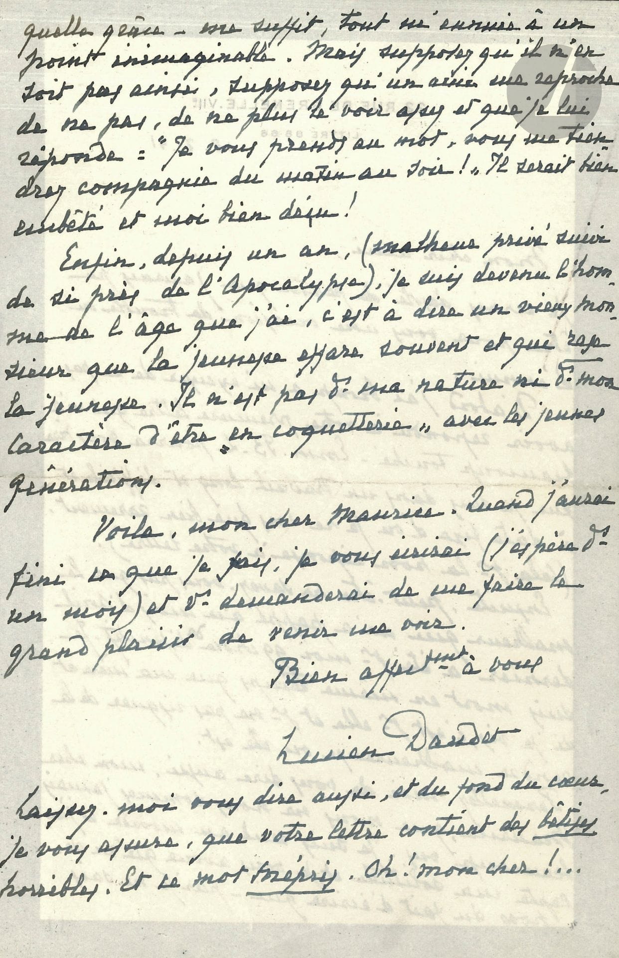 Lucien DAUDET (1878-1946). 5 L.A.S., 1935-1941, à Maurice Sachs; 7pages formats divers, une adresse.
27.X.1935. Il le remercie de sa gentille lettre : «Vous vous êtes laissé prendre à un effet d’optique car l’enfance est un domaine commun où chacun se retrouve et éprouve un plaisir mélancolique à se retrouver»… – 3.X.1937, évoquant le «grand malheur» qui l’a frappé. – 11.IV.1938. Longue lettre sur Bizet et sa collaboration avec son père pour L’Arlésienne. – 18.II.1941, après la mort de sa mère : «Je suis mort en même temps que ma mère»; il est seul au monde, et est devenu «un vieux monsieur que la jeunesse effare souvent et qui rase la jeunesse »…