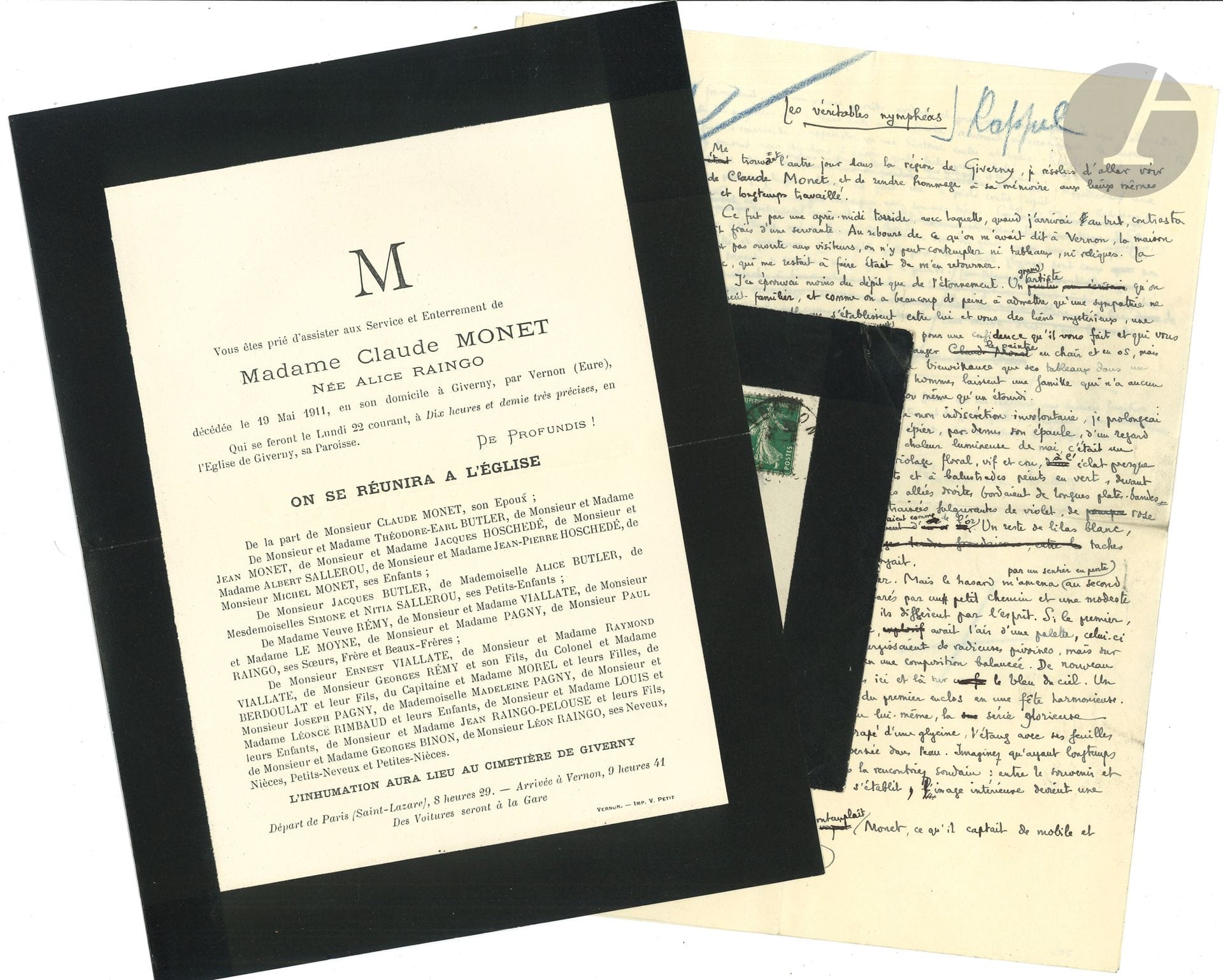 [Claude MONET (1840-1926)]. Letter addressed to him, and death announcement from Mme Claude Monet; 2pages in-8, and 1 page in-4 with envelope (mourning).
José-Maria de Heredia, July 12 [1892], concerning the purchase of a painting by Fausto Mora. 
The painter's second wife, Alice Monet (1844-1911), née Raingo, who had married the collector Ernest Hoschedé (1837-1891), a friend of the painter, died on May 19, 1911 in Giverny; the funeral took place on the 22nd. The envelope bears the address of critic Georges Jean-Aubry (1882-1950), in Le Havre. 

Attached is an autograph manuscript signed by Robert de Traz, Les véritables nymphéas (1 1/2 pages in-4, with erasures and corrections), an account of a visit to Giverny and the bassin des nymphéas.