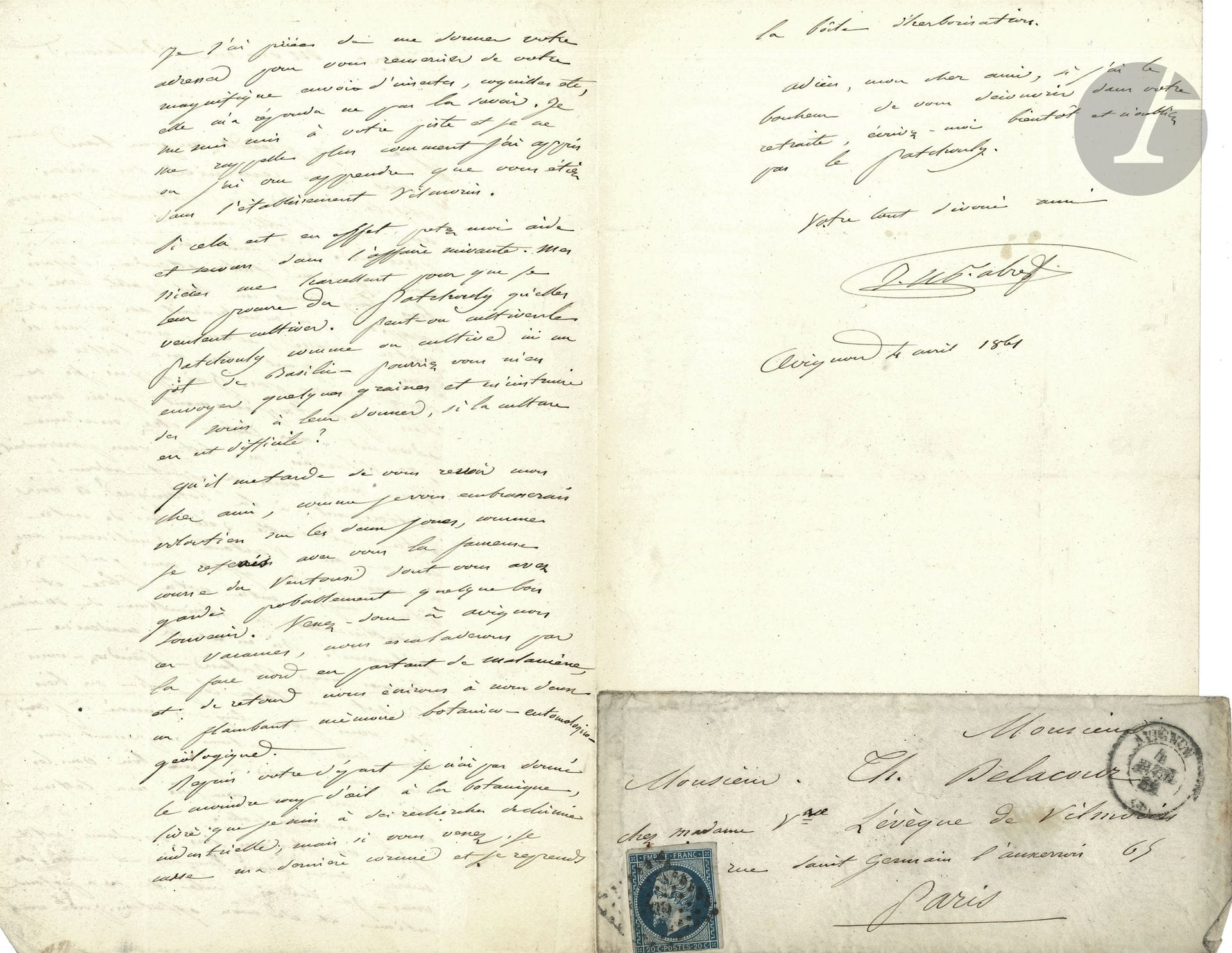 Jean-Henri FABRE (1823-1915). 33 L.A.S. et une lettre dictée, Avignon, Orange et Sérignan 1861-1884, à Théodore Delacour (une à Bernard Verlot); 76pages in-8, enveloppes (petites fentes à quelques lettres).
Importante correspondance amicale et scientifique au botaniste Delacour. 
[Théodore Delacour (1831-1920), d’origine avignonnaise, associé de la maison Vilmorin-Andrieux, était un botaniste réputé il constitua un important herbier (Muséum), pour lequel Fabre lui fournit plusieurs spécimens; et Delacour fut un des collecteurs pour l’herbier de Fabre, à qui il fournit plantes et graines pour l’Harmas; ils firent ensemble plusieurs excursions botaniques et naturalistes au Mont Ventoux, dont une, en août 1865, avec Bernard Verlot, relatée par Fabre dans ses Souvenirs entomologiques.] Nous ne pouvons donner ici qu’un trop rapide aperçu de cette intéressante correspondance, les pages étant remplies de la minuscule écriture de Fabre. 
Avignon 4 avril 1861. Dans cette première lettre, Fabre dit sa profonde estime et son affection pour Delacour et le remercie de l’envoi de «divers objets d’histoire naturelle»; il l’interroge sur ses études de médecine, qu’il aurait abandonnées pour se consacrer à la botanique et à la floriculture chez Mme Vilmorin; il demande, pour ses nièces, des conseils pour la culture du patchouly; il évoque leurs courses du Ventoux. Il se livre à des «recherches de chimie industrielle»… – 27 janvier 1862. Envoi de son livre sur la chimie agricole, pour «vulgariser dans les écoles rurales les applications les plus élémentaires de la chimie aux travaux des champs»… – 24 juillet 1867, au sujet de leur prochaine course au Ventoux. – 12 mars 1868, à propos d’un envoi de fleurs de poirier pour Bernard Verlot au Muséum. «J’écrivasse toujours» : un cours de physique et un cours de chimie. L’hiver sibérien en Avignon a ravagé ses plantes, dont il demande plusieurs. – 2 août 1868. Vifs remerciements pour l’envoi d’une boîte d’insectes, «source d’excellents renseignements ne serait-ce que pour vérifier mes déterminations antérieures»… 
Orange 29 juillet 1871, sur la botanique et ses «croûtes vauclusiennes» : «J’ai tous les jours lieu de me convaincre combien il est facile de commettre des bévues avec ces végétaux si polymorphes»… Questions et discussion sur les lichens et les cryptogames… – 11 septembre 1872, au retour d’une expédition botanique au plateau de Saint-Amans. – 29 mai 1876, préparation d’une course au Ventoux. – 13 août, au sujet d’un cricri mécanique. –28 août. Demande de plantes; chasse aux mauviettes… – 25 septembre, remerciements pour l’envoi de plantes; il va rédiger ses «observations sur la flore du littoral de la mer falunienne dans nos régions». – 5 juin 1877. Sur la maladie de son fils Jules, qu’il aimerait emmener se fortifier à Rochefort-Samson (Drôme), pays montagneux dont il énumère la riche flore… – 14 septembre : son «enfant chéri» Jules est à la dernière extrémité [il meurt le jour même]. – 23 janvier 1878. Il s’est plongé dans des ouvrages mycologiques, et a passé en revue au microscope ses collections, «la seule distraction possible dans le malheur qui m’a frappé». Démarches pour faire imprimer la Flore générale du Vaucluse. – 5 décembre, lettre dictée à sa fille Antonia de son lit de malade. – 14 mars 1879. Une fluxion de poitrine l’a mis à deux doigts de sa fin; il occupe sa convalescence à la cryptogamie… – 28 mars, remerciant pour un envoi de crustacés (crabe et homard), ornements du cabinet d’histoire naturelle que le plâtrier termine à Sérignan…
Sérignan 28 mai 1879. Il est installé à Sérignan. – 29 octobre. Il attend Delacour à Sérignan. – 31 juillet 1880. Sur une graminée des bois de Sérignan, la mante religieuse, l’aménagement du jardin de Sérignan. «L’Académie vient de me relancer pour le Phylloxera; il paraît que mes Souvenirs entomologiques lui ont inspiré quelque confiance. Cela me vaudra un bon microscope»… – 23 octobre. Il attend son ami pour la Toussaint, et lui servira des oronges; étude des sclérotes; aménagement du jardin… «L’harmas se défriche. Ce mois de décembre, je vais le faire planter en arbres fruitiers et arbres d’ornement»… (Liste jointe de plantes données par Delacour à Fabre le 31 octobre). – 2 mars 1881. «L’Harmas commence à se garnir, depuis le mois de novembre on y travaille. Il y a bien là déjà près de 300 arbres ou arbustes», dont un cèdre et deux séquoias qui lui arrivent à la ceinture; il met du thym pour les bordures. «Je dévalise la montagne de ces arbustes verts, romarins, arbousiers»… Etc. – 8 juillet. Canicule : «J’ai quelques milliers de cigales dans les deux platanes devant ma porte. Leur concert, la chaleur, la mouche acariâtre, la chasse aux virgules pour mes 
